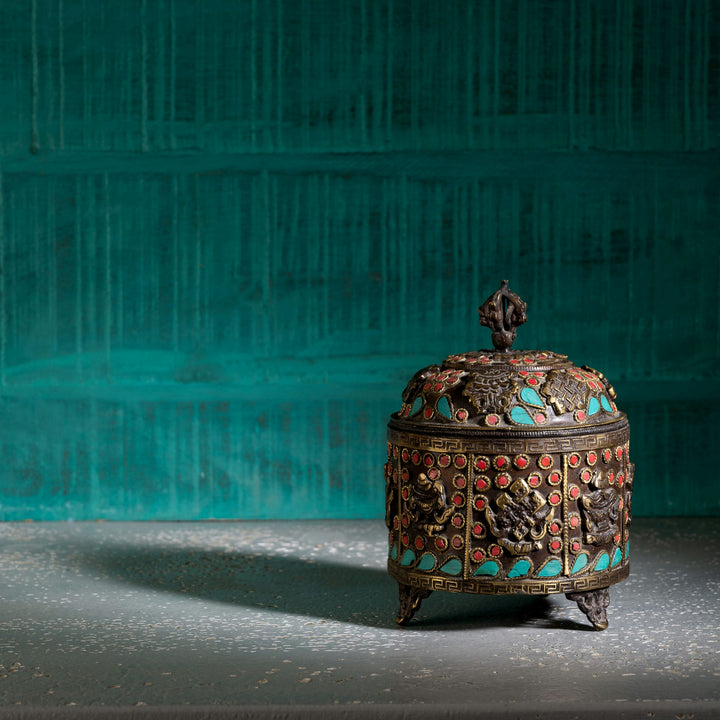 Stone Inlay Brass Vajra Box: The Himalayan Treasury