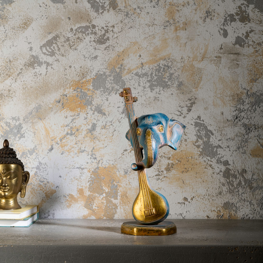 Painted Brass Musical Ganesha Sculpture: The Divine Melody
