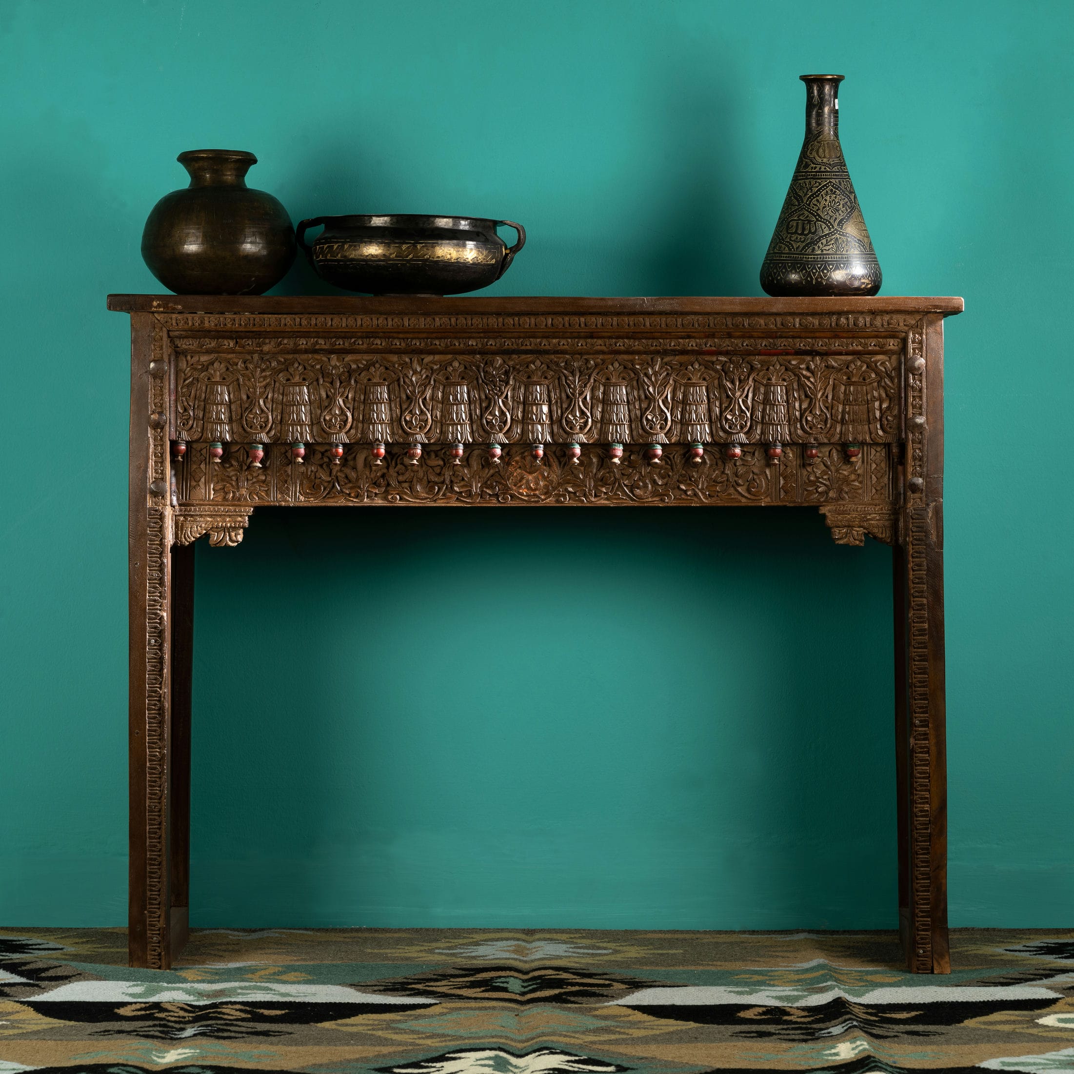 Carved Wood Antique Low Console with Figurative Relief