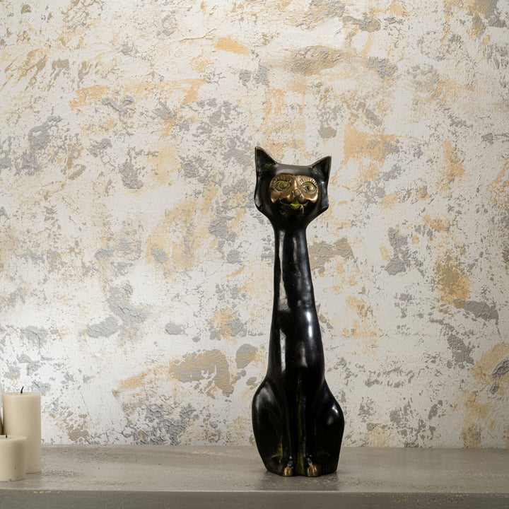 Elongated Black Brass Cat Sculpture: The Midnight Observer
