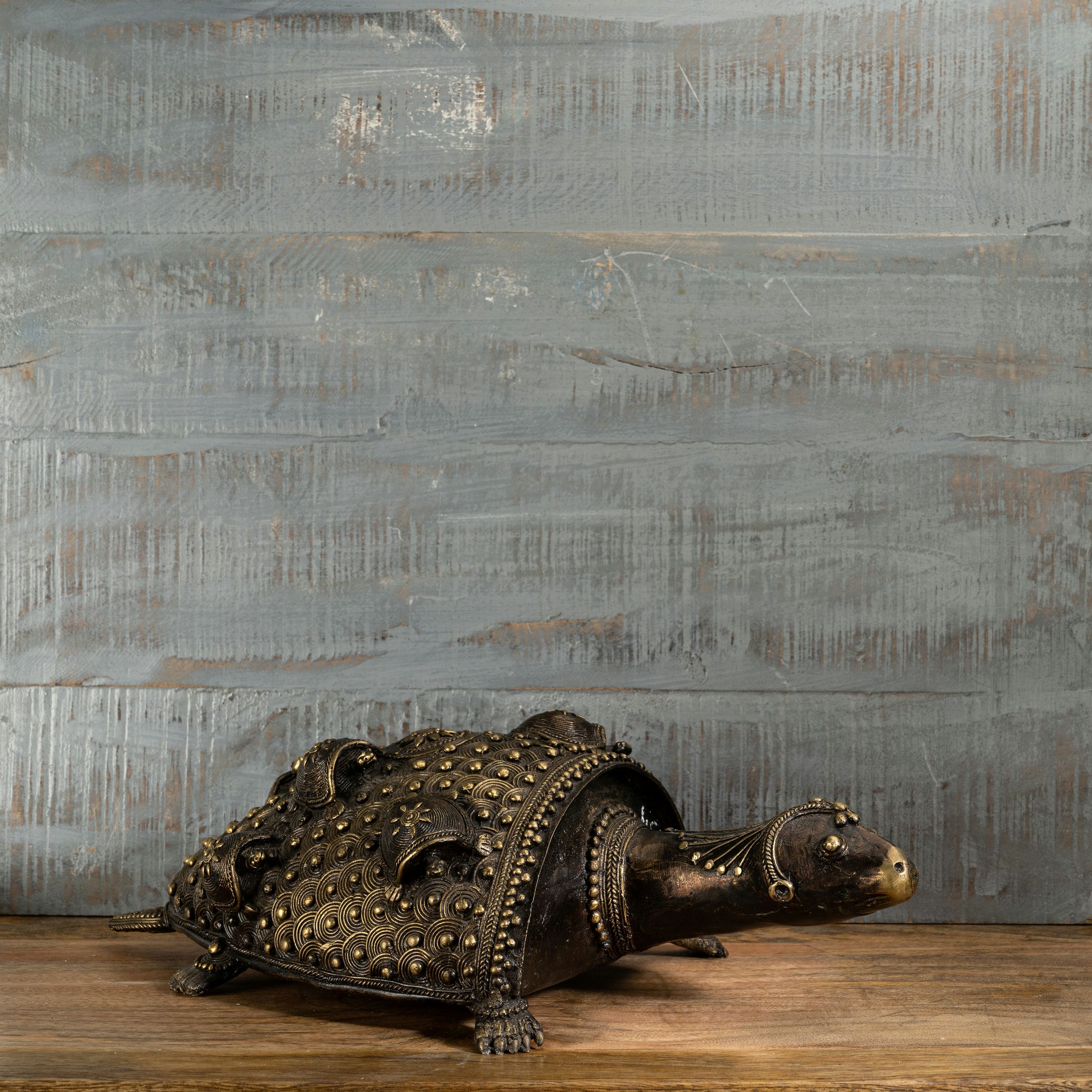 Antiqued Brass Turtle Sculpture: The Coiled Guardian