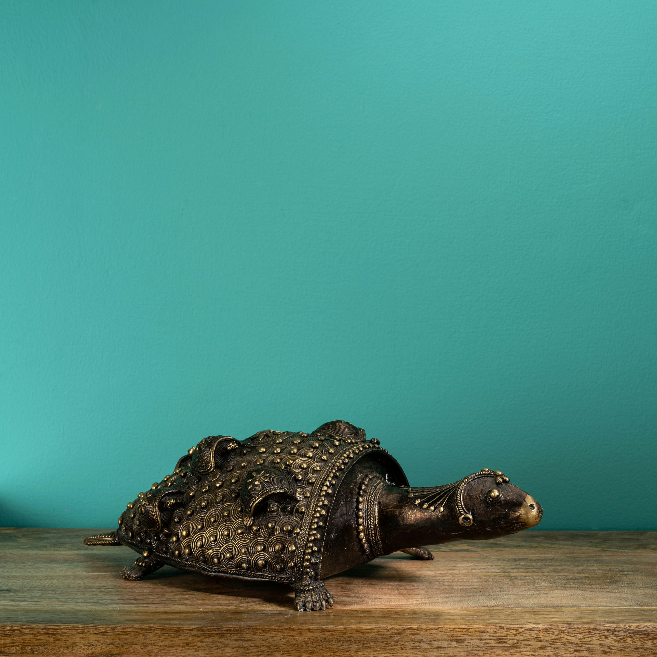 Antiqued Brass Turtle Sculpture: The Coiled Guardian