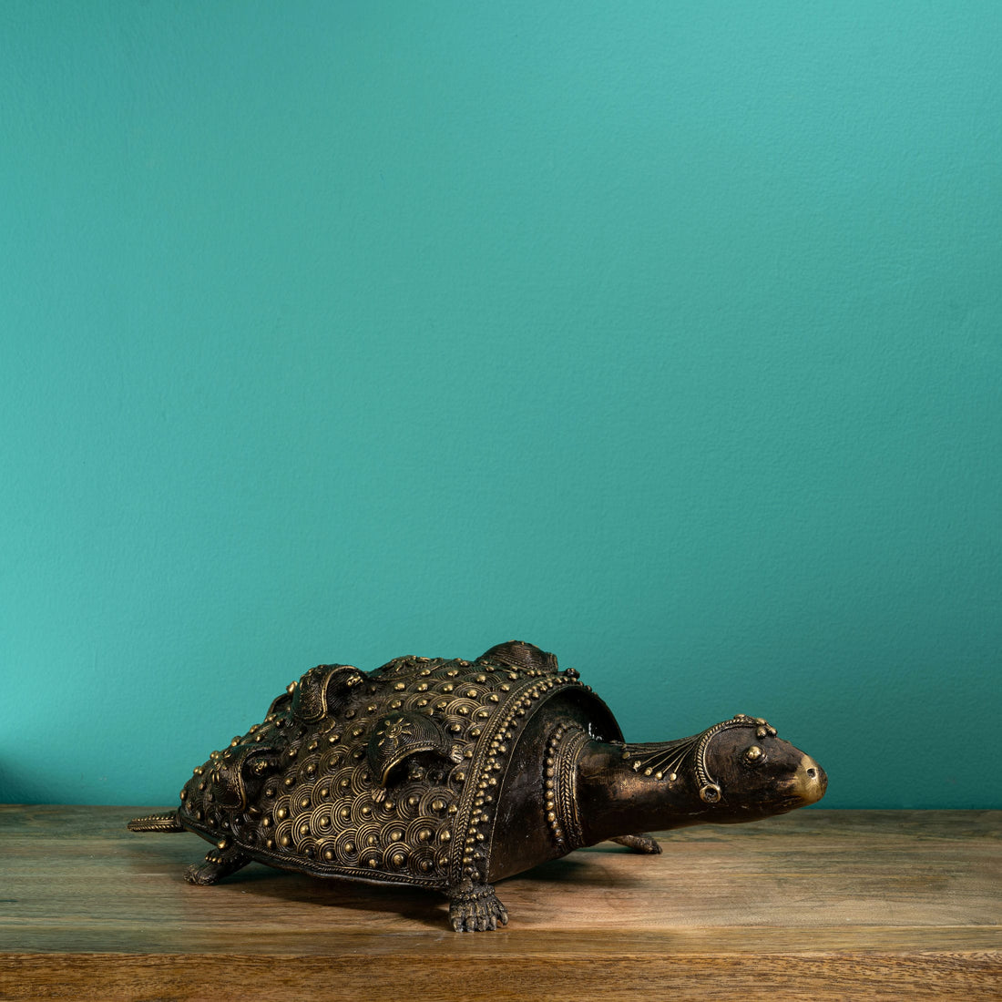 Antiqued Brass Turtle Sculpture: The Coiled Guardian