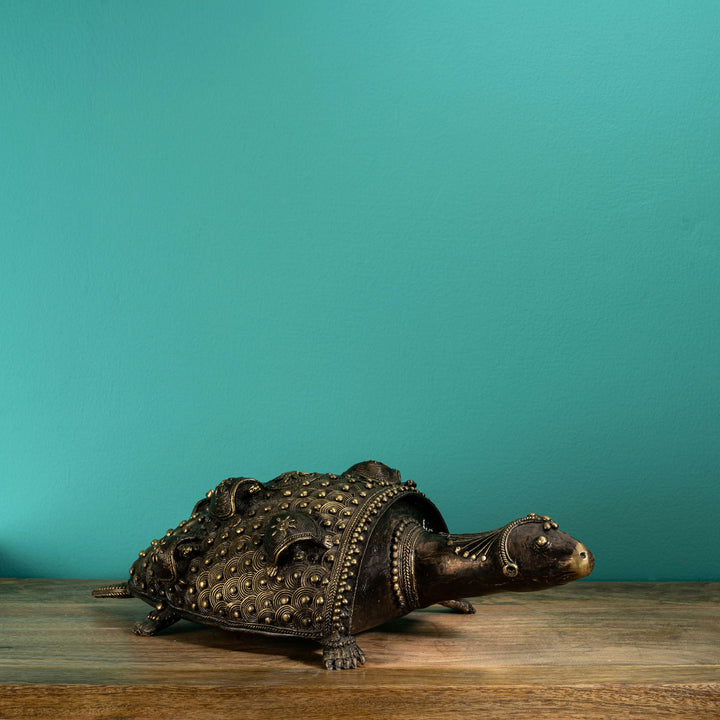 Antiqued Brass Turtle Sculpture: The Coiled Guardian