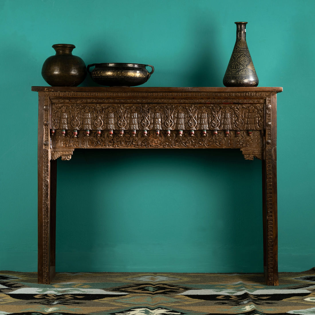 Carved Wood Antique Low Console with Figurative Relief