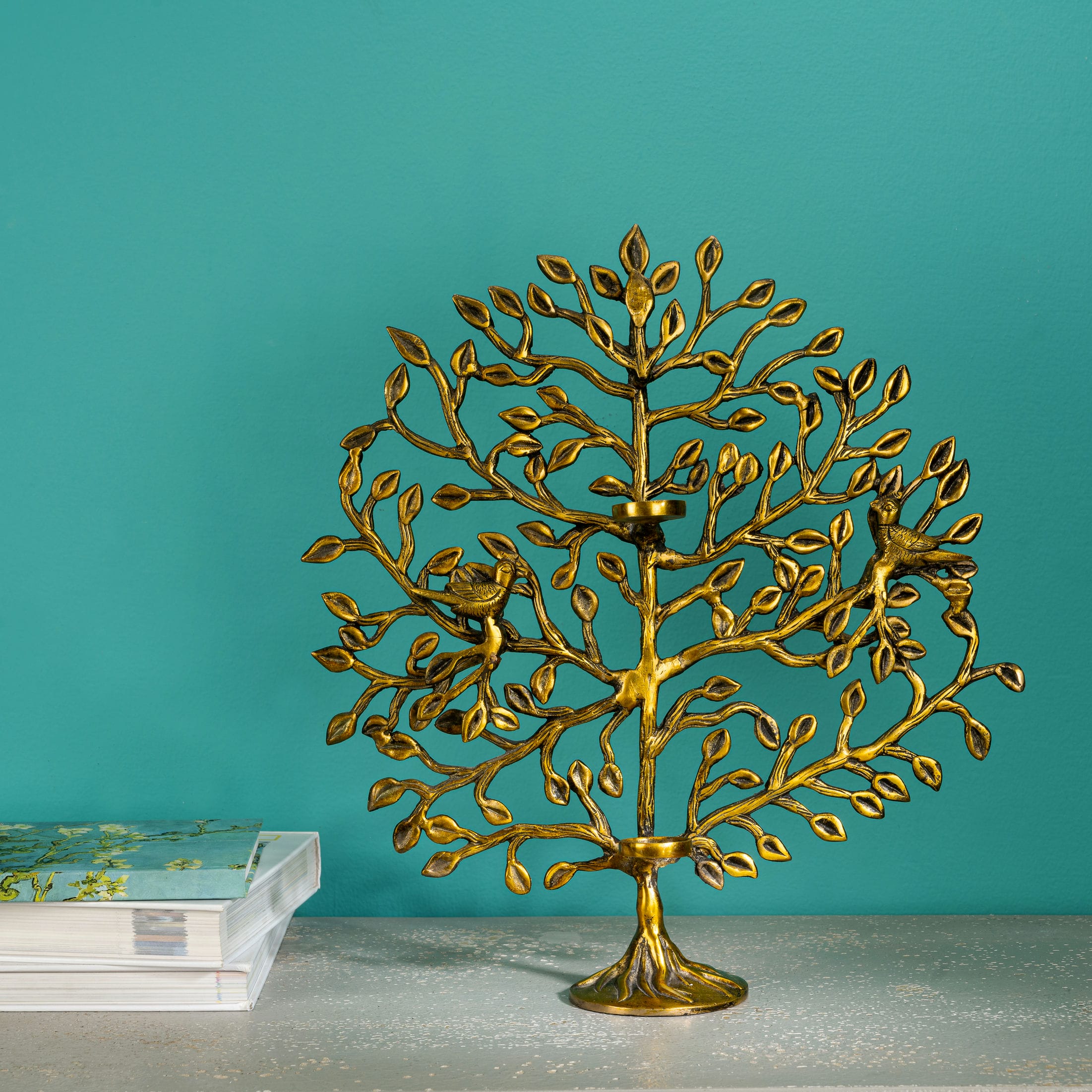 Antique polished brass tree of life sculpture with birds and candelabra