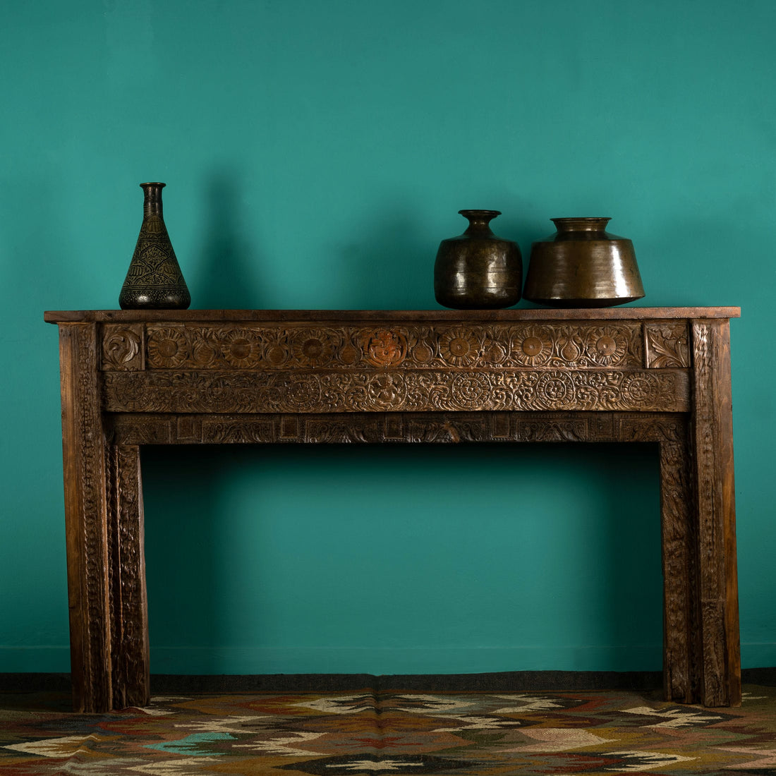 Carved Wood Antique Low Console with Floral Relief and Central Medallion