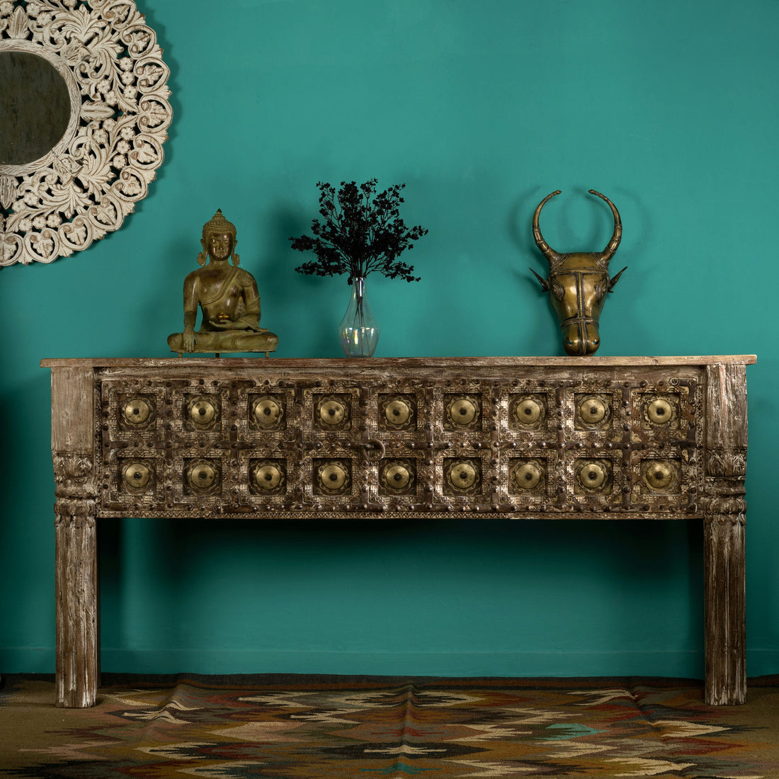 Distressed Wood Rustic Console with Brass Medallions