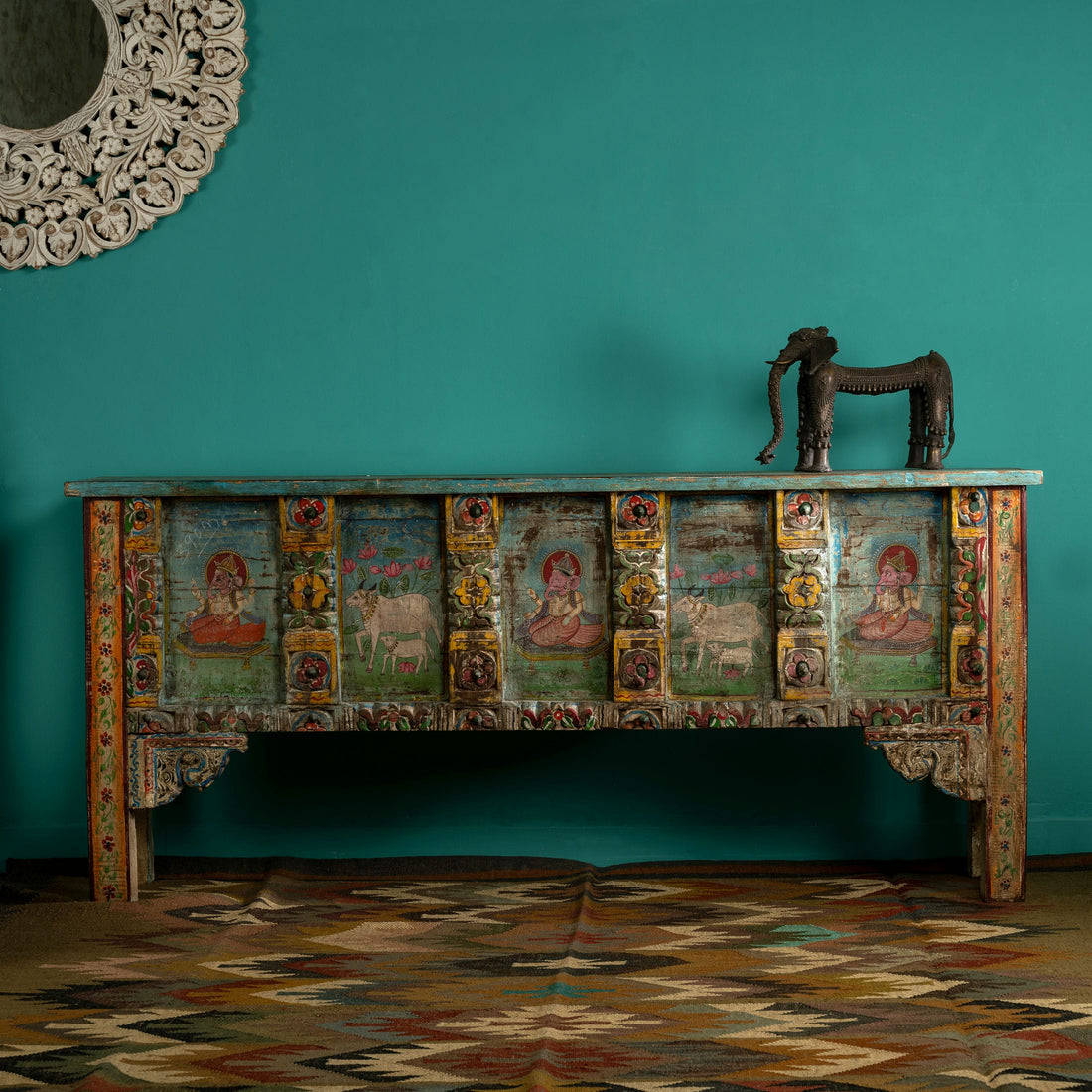 Painted Wood Distressed Antique Low Cabinet with Devotional Panels