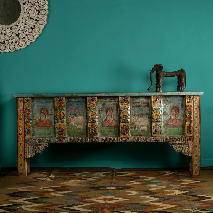 Polychrome Painted Wooden Console: The Pastoral Panels