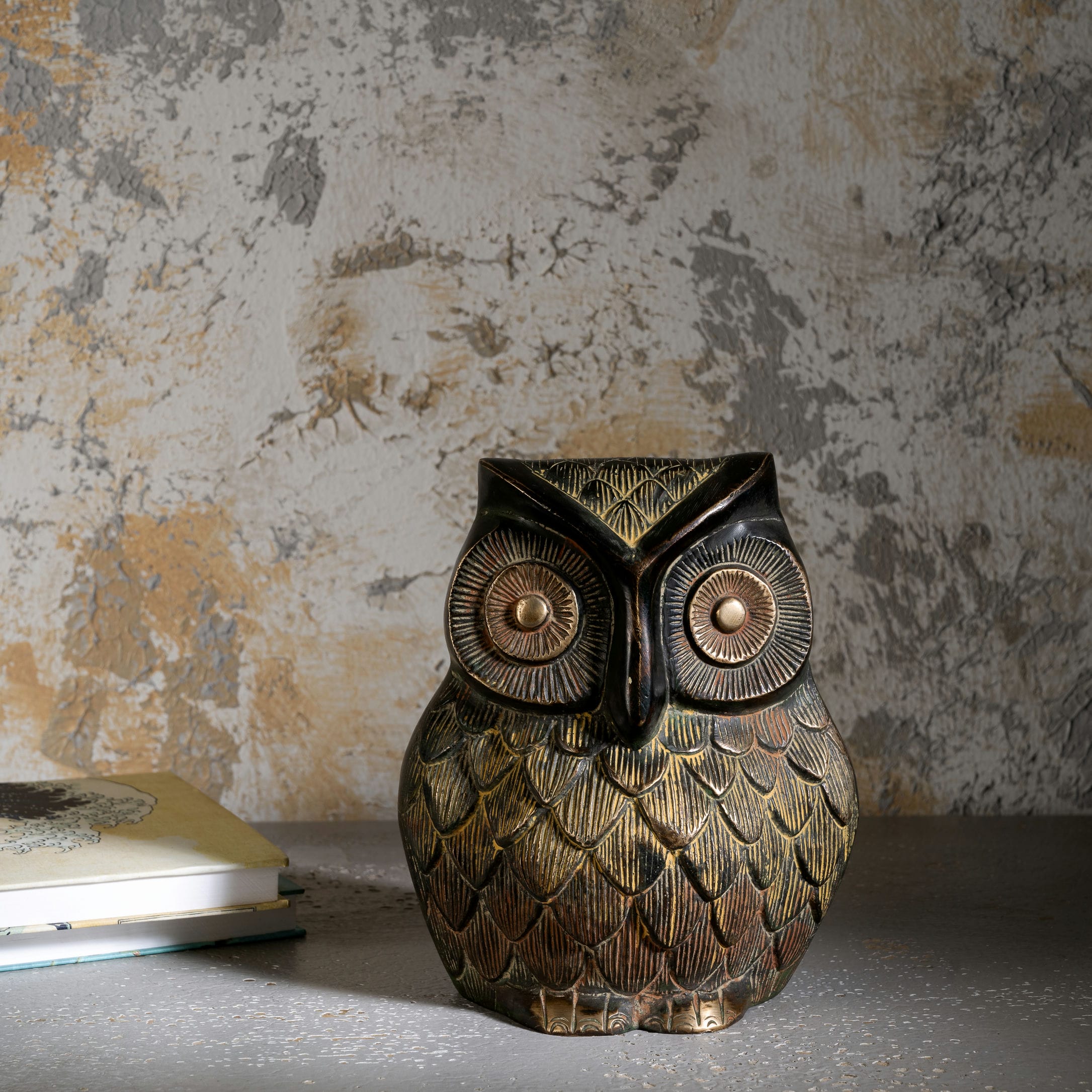 Antique bronze finish textured owl figurine