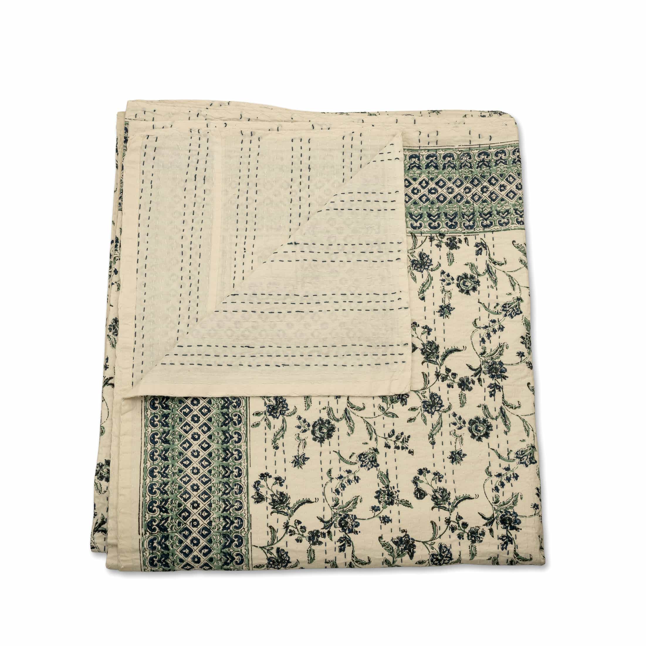Indigo Floral Hand-Quilted Bedspread