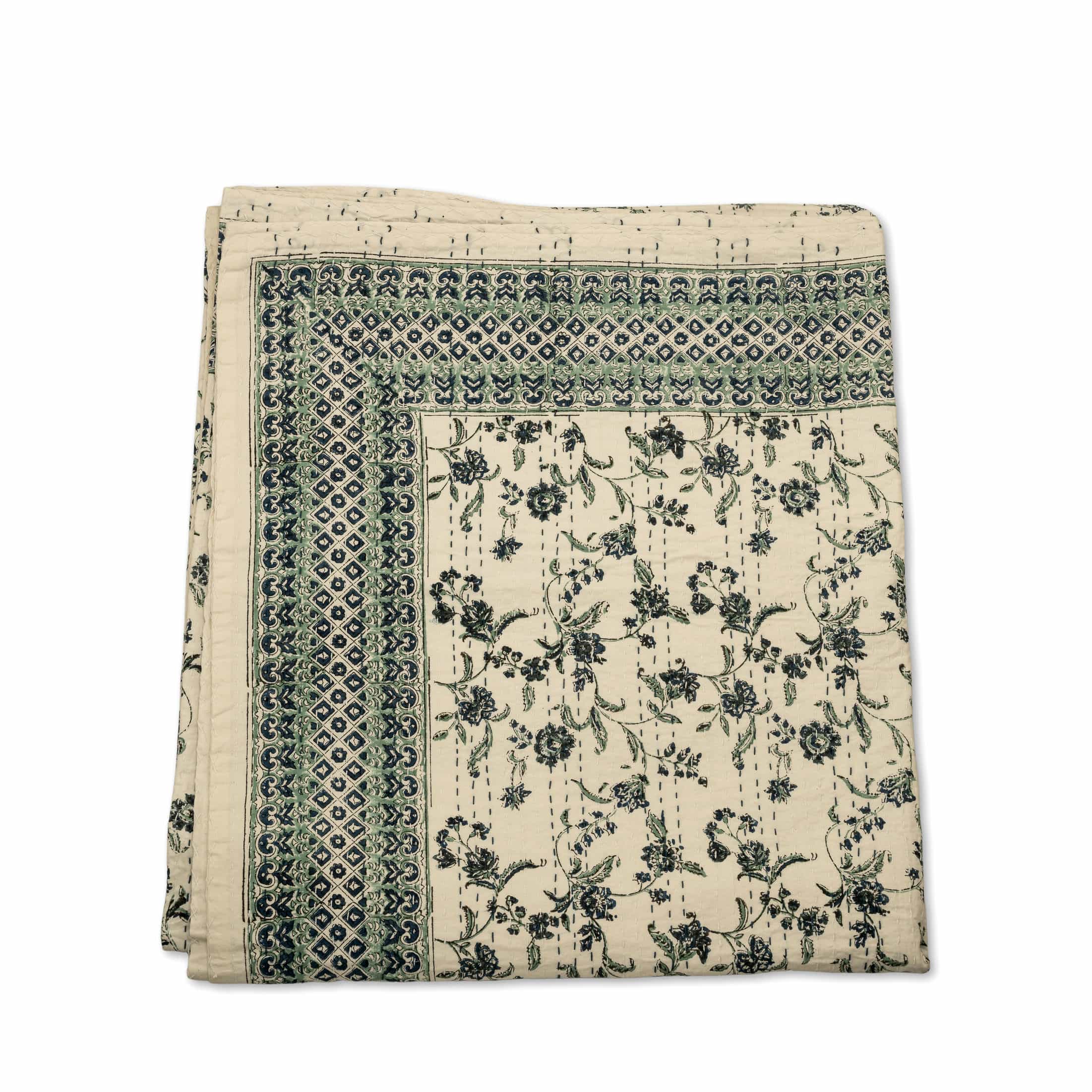 Indigo Floral Hand-Quilted Bedspread