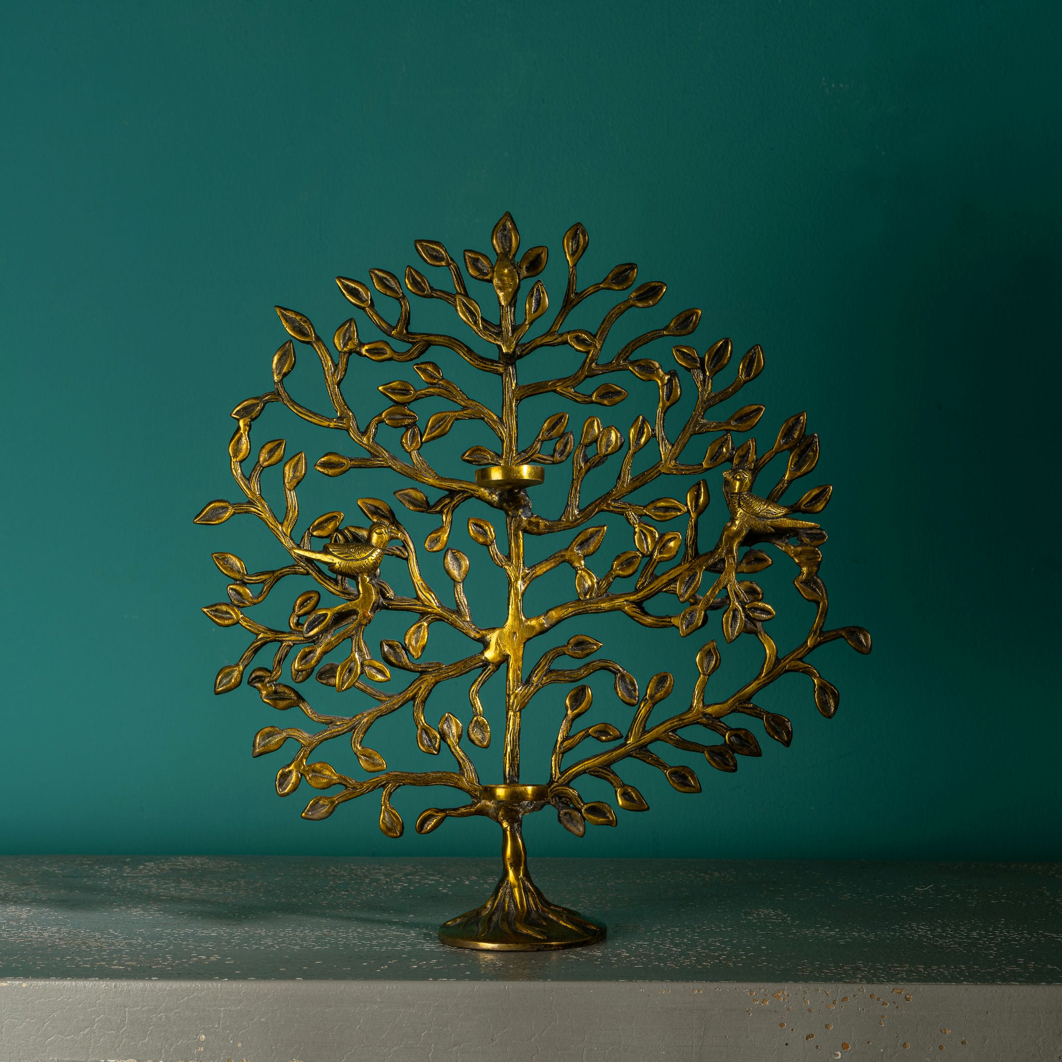 Antique polished brass tree of life sculpture with birds and candelabra