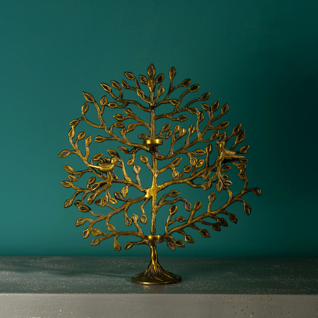 Antique polished brass tree of life sculpture with birds and candelabra