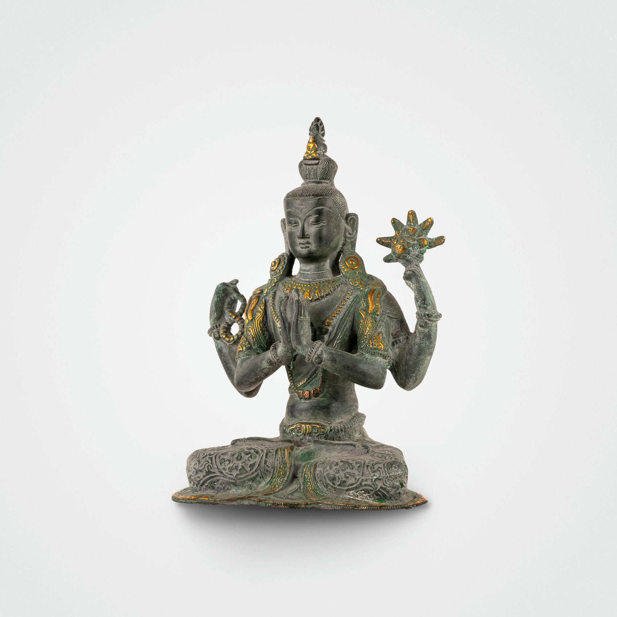 Handcrafted verdigris metal Bodhisattva decor sitting in padmasana for a private study or zen space.
