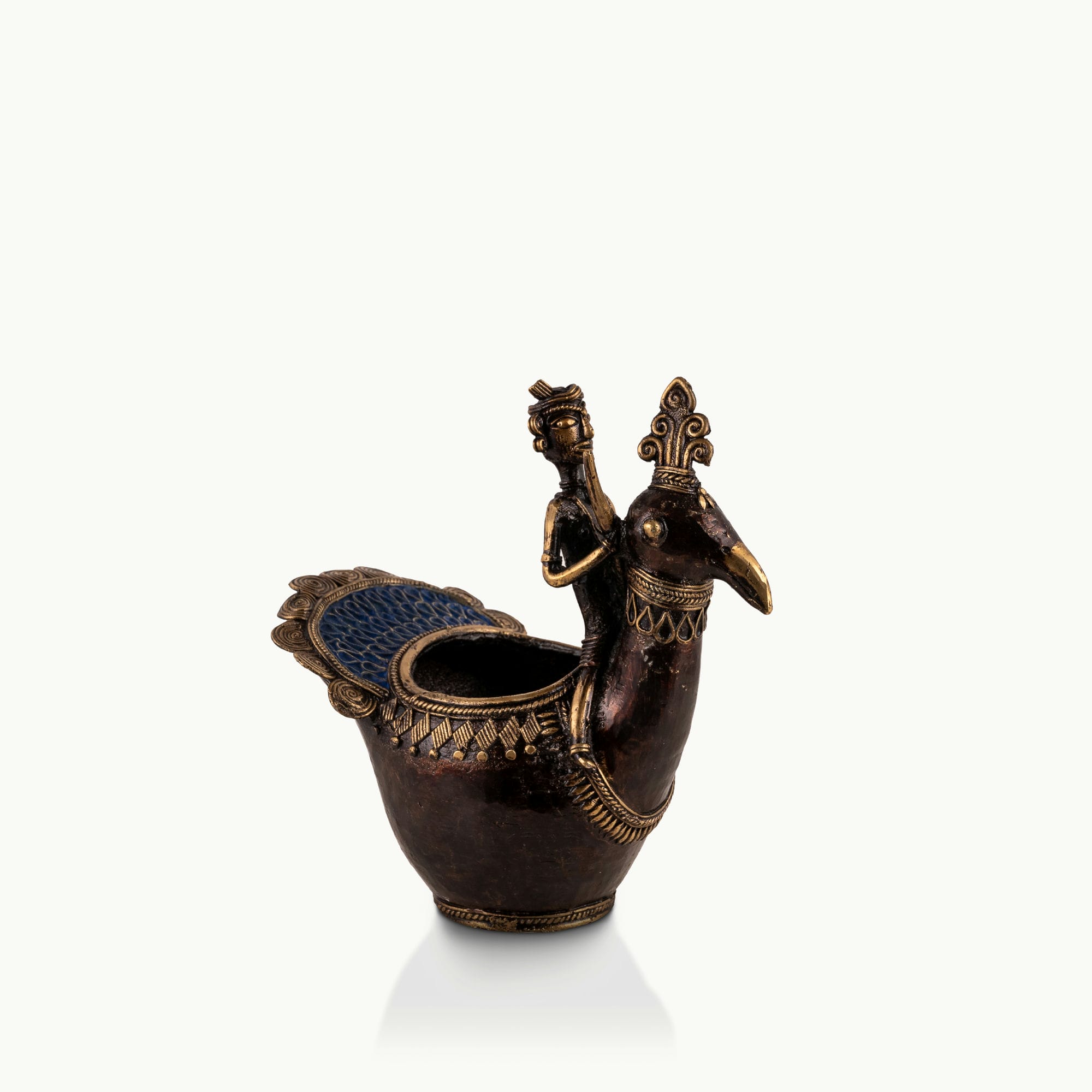 Dhokra Brass Bird Rider Vessel with a blue basin 