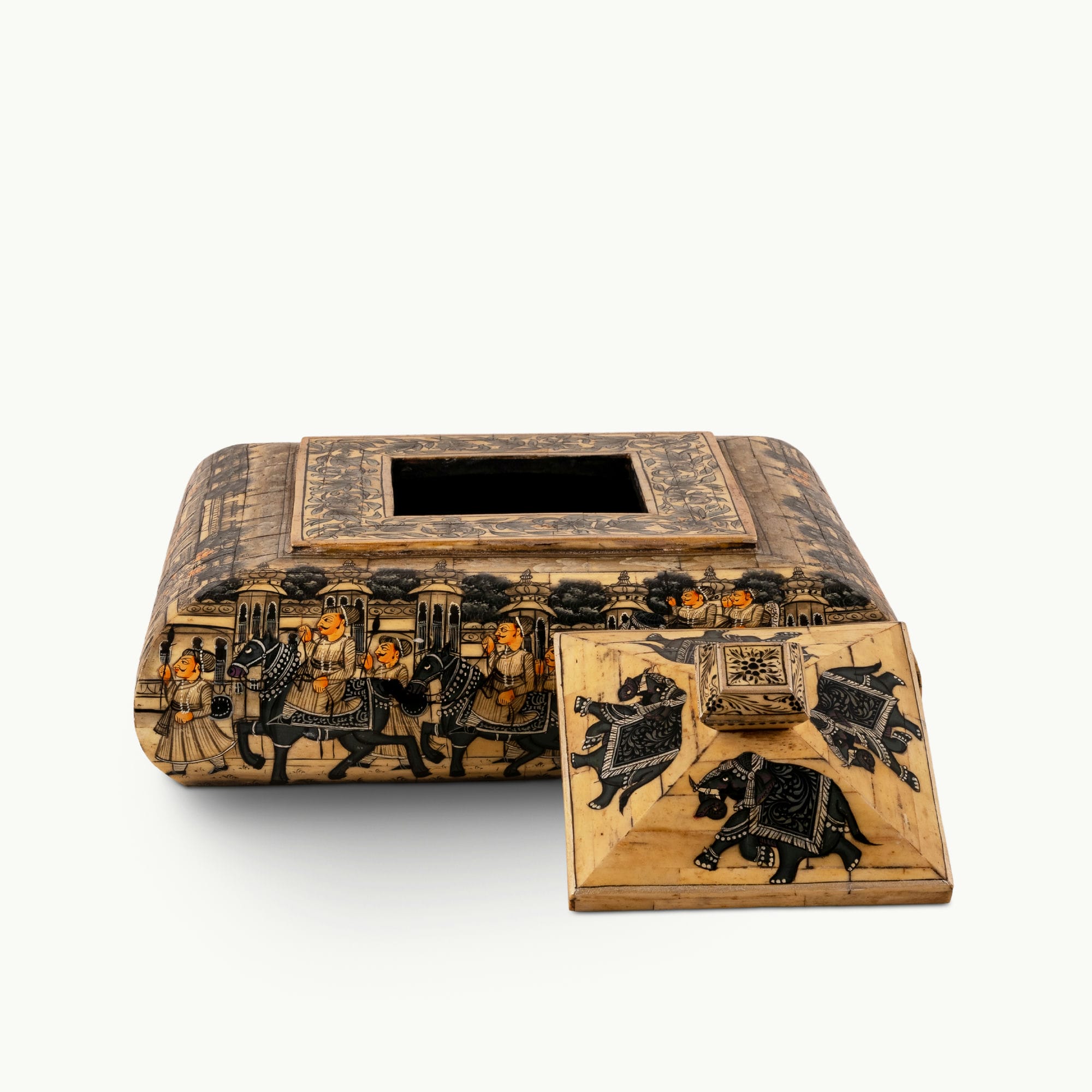 Square painted camel bone box depicting a Rajput royal procession on a dark vanity.