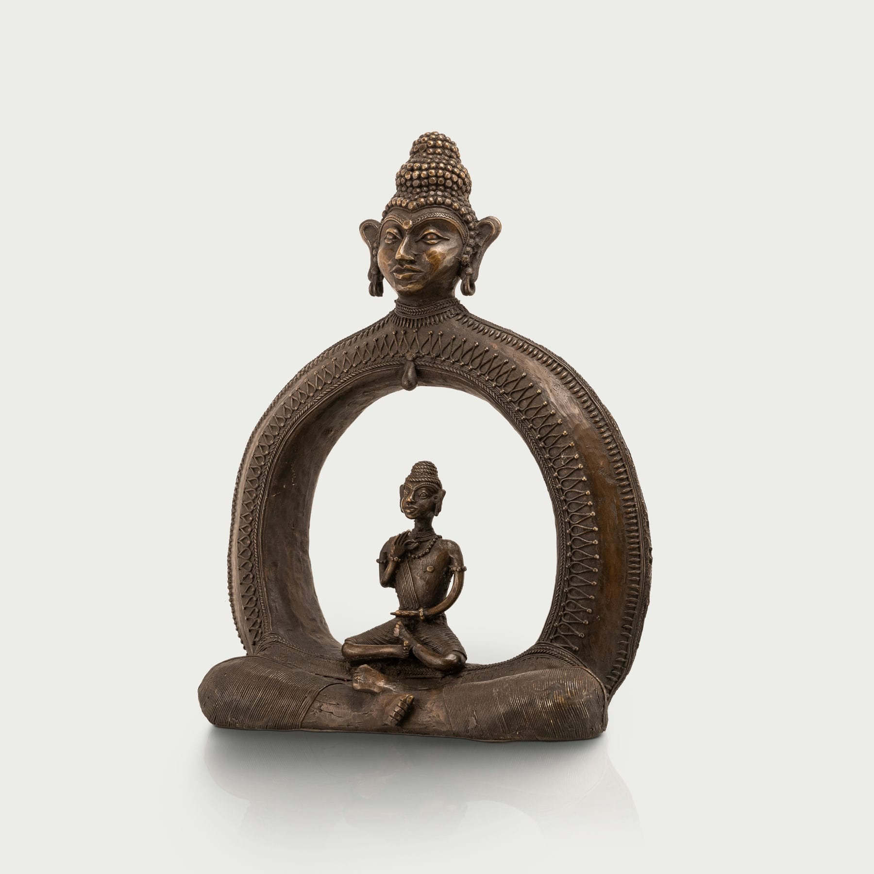 Cosmic enlightened figure decor seating a smaller meditating monk within an arch for a dedicated meditation room or zen garden.