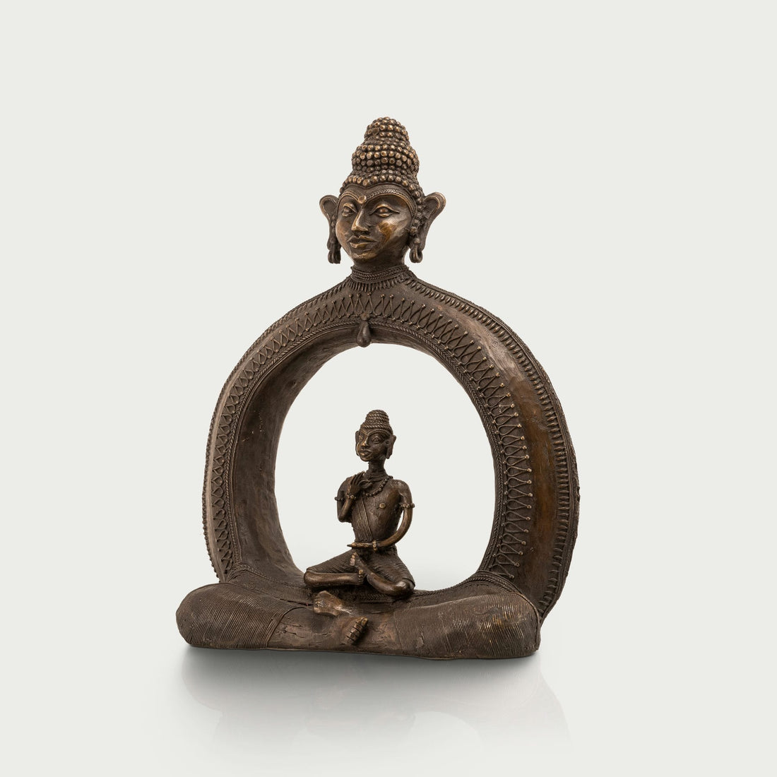 Cosmic enlightened figure decor seating a smaller meditating monk within an arch for a dedicated meditation room or zen garden.