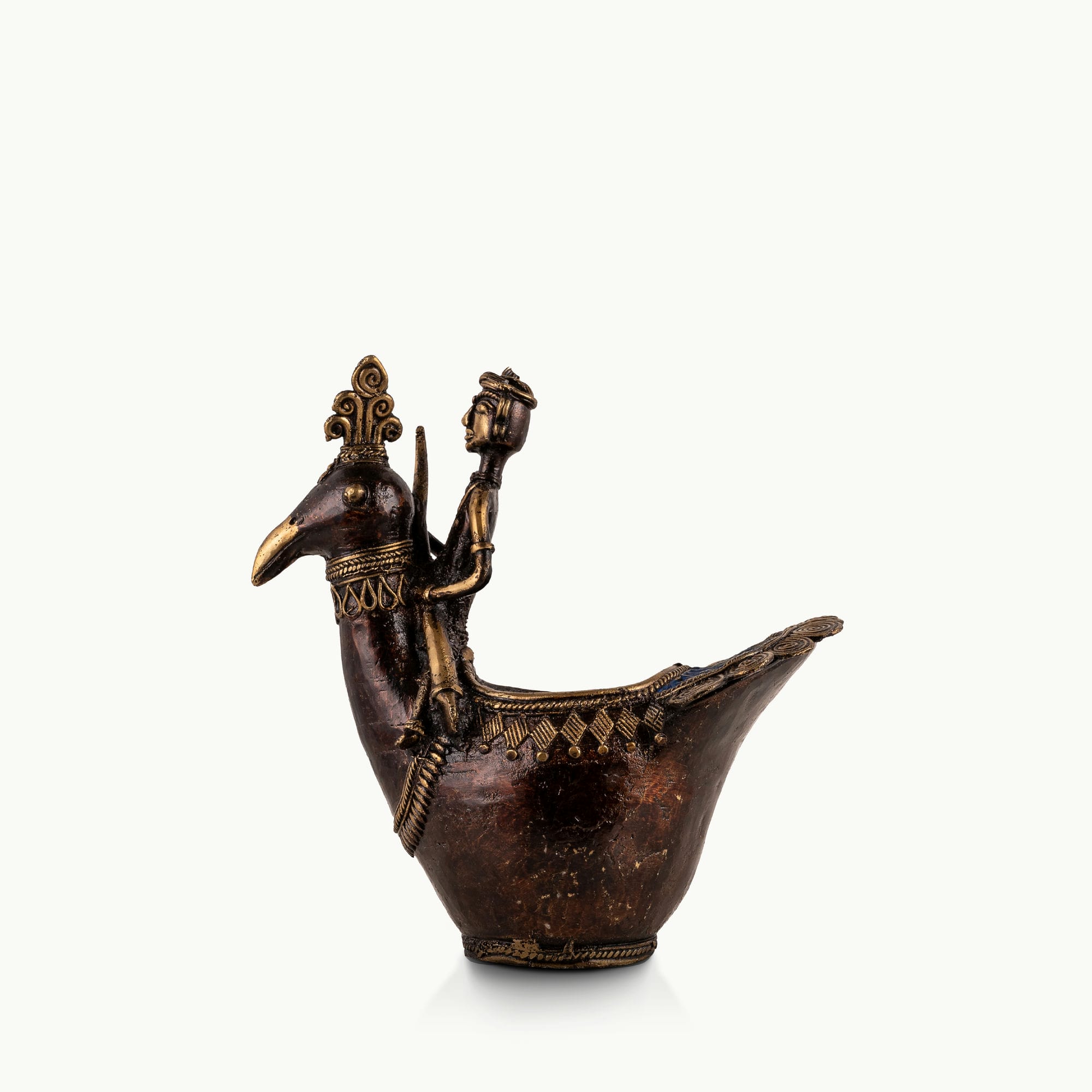 Dhokra Brass Bird Rider Vessel with a blue basin 