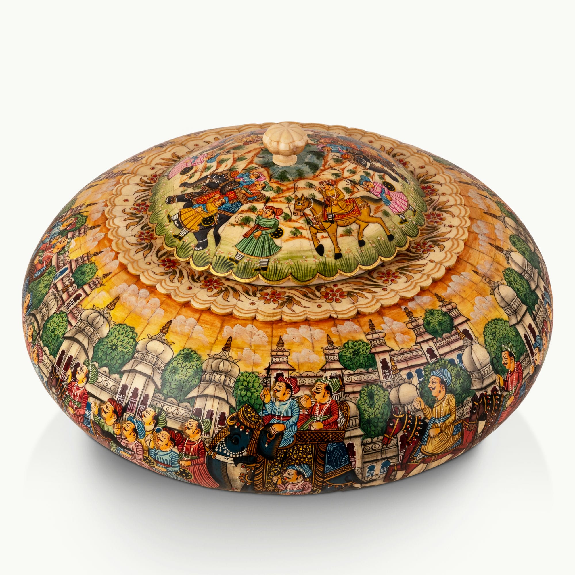 Painted round camel bone box featuring a vibrant royal procession scene bathed in a golden-amber wash.