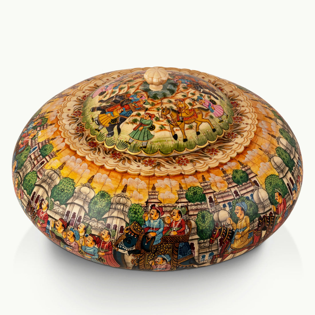 Painted round camel bone box featuring a vibrant royal procession scene bathed in a golden-amber wash.