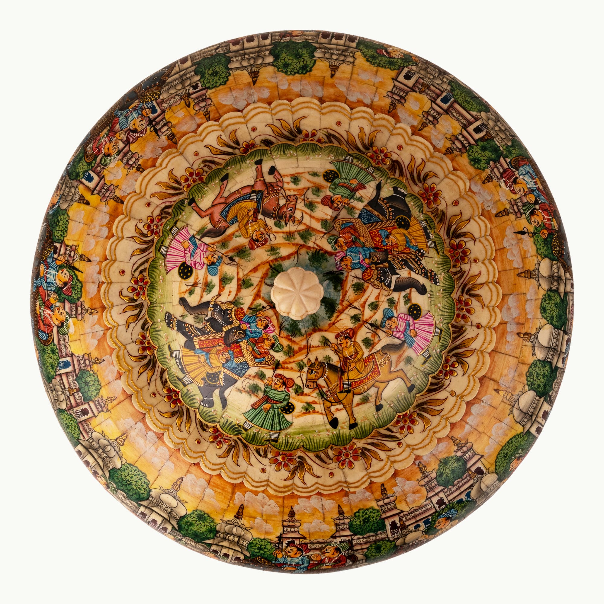 Painted round camel bone box featuring a vibrant royal procession scene bathed in a golden-amber wash.