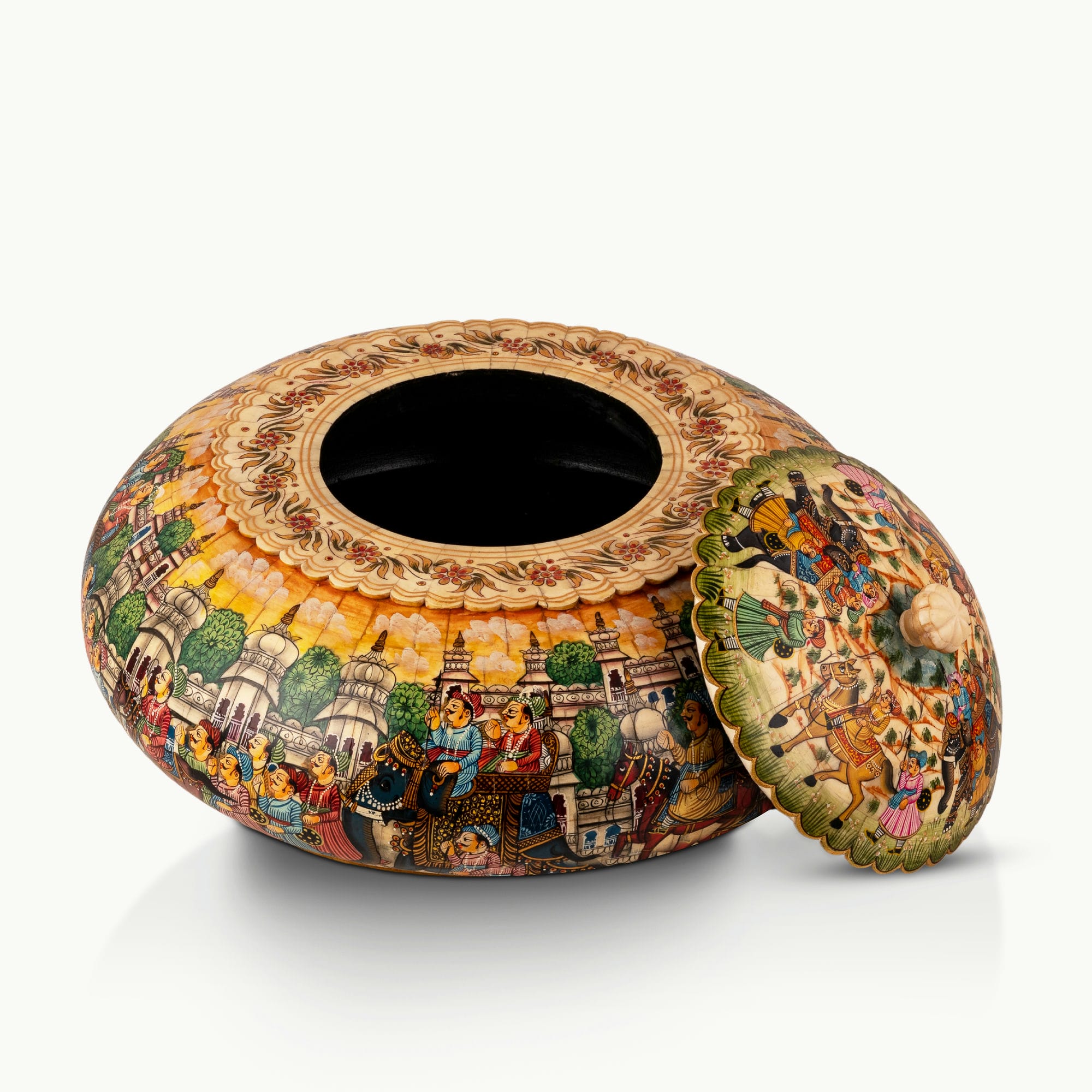 Painted round camel bone box featuring a vibrant royal procession scene bathed in a golden-amber wash.