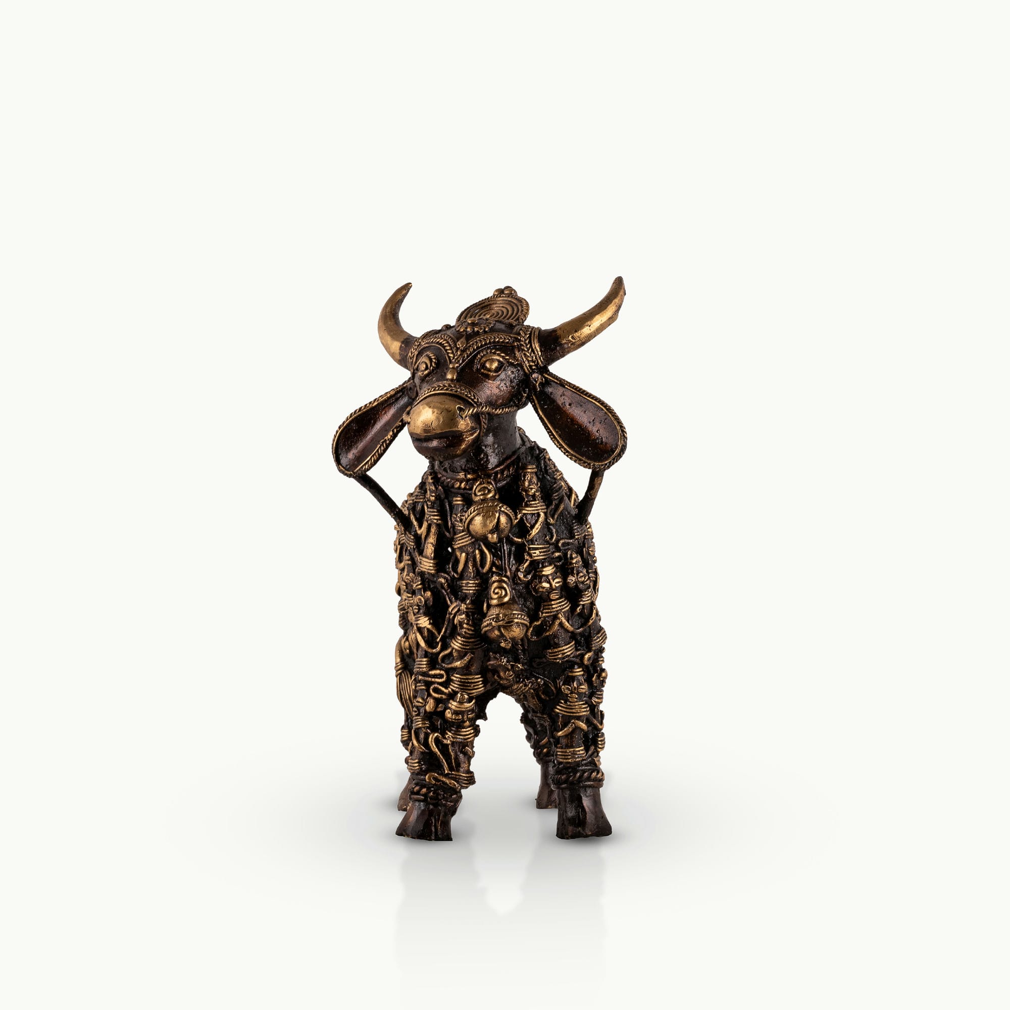 Dhokra Brass Bull Sculpture featuring an openwork matrix for an executive office credenza. 
