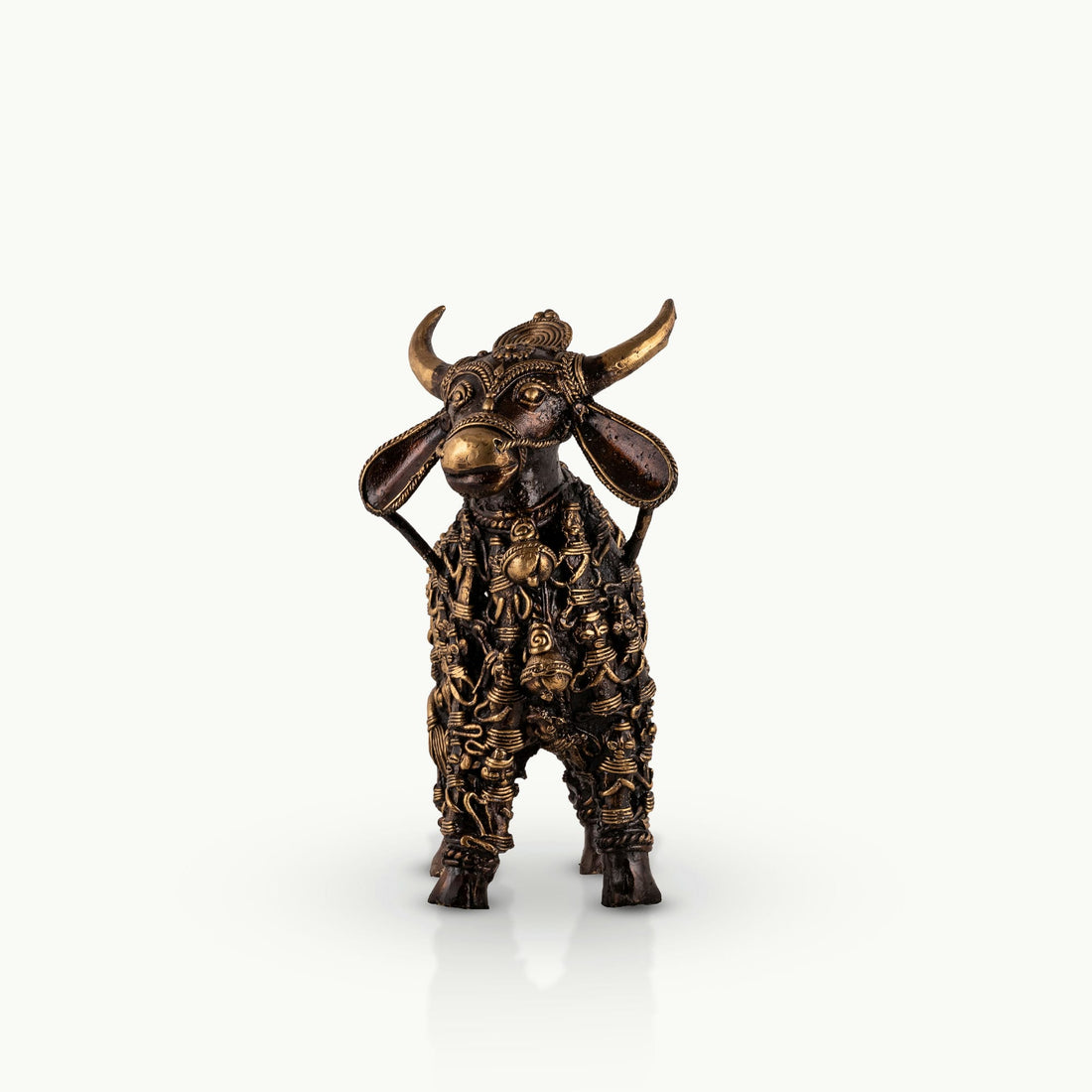 Dhokra Brass Bull Sculpture featuring an openwork matrix for an executive office credenza. 