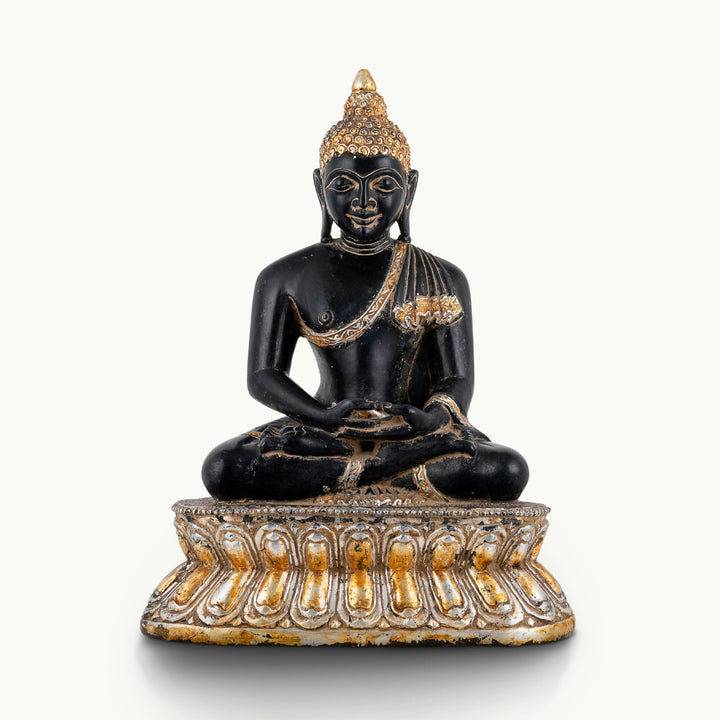 Black stone Buddha statue featuring a dark meditating figure with gold-accented robes.