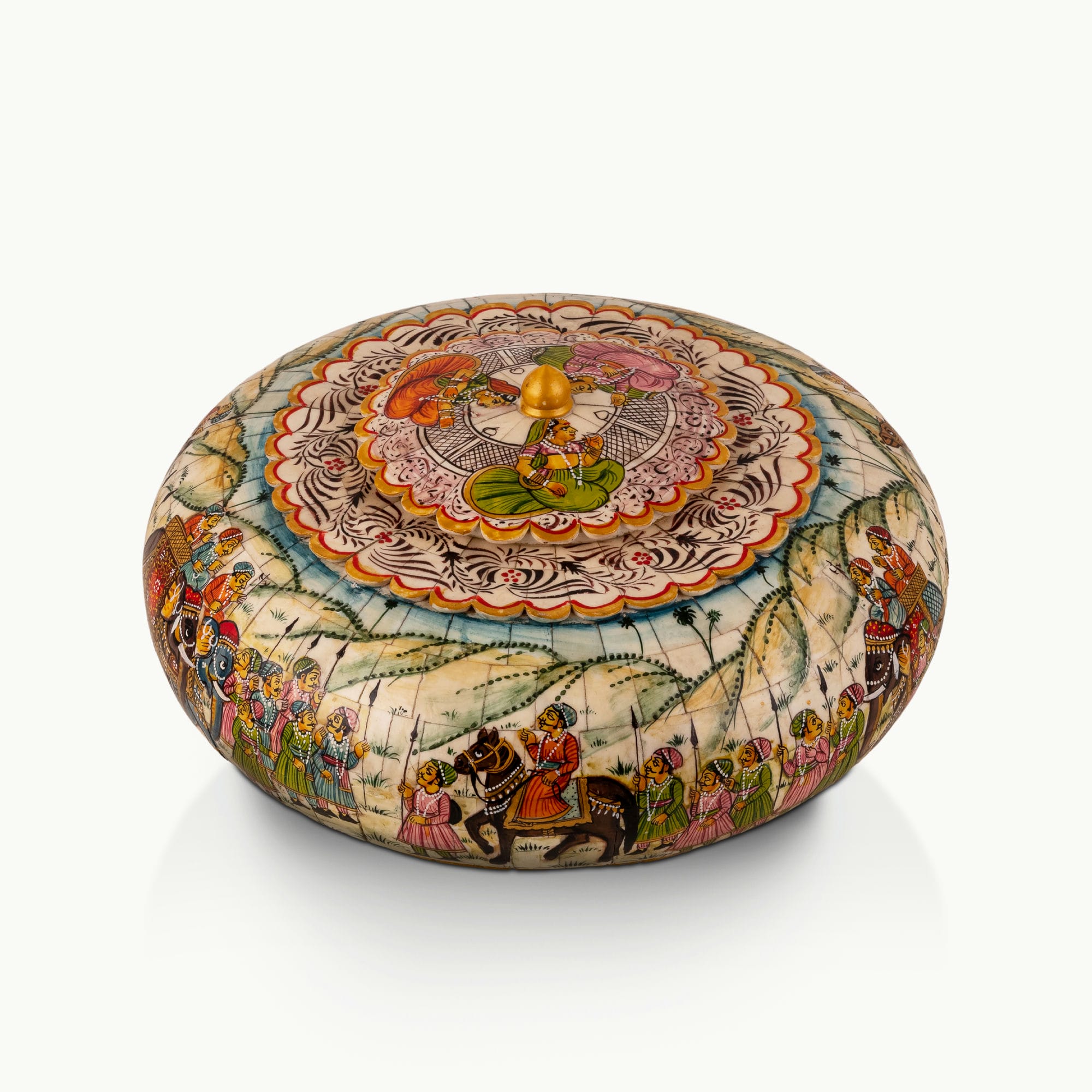 Wide painted camel bone caravan box showing a detailed royal procession scene with emerald and magenta accents.