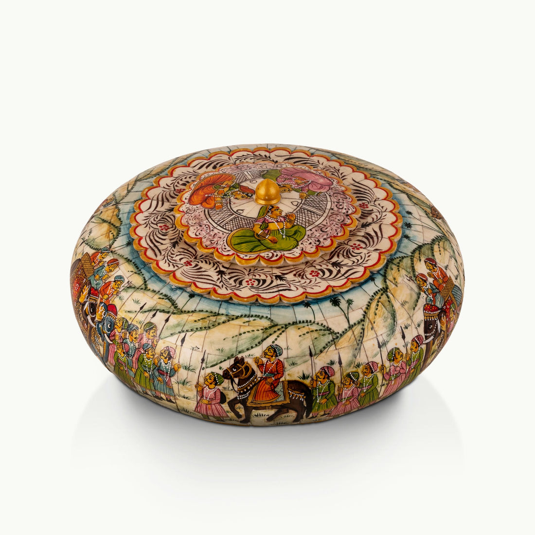 Wide painted camel bone caravan box showing a detailed royal procession scene with emerald and magenta accents.