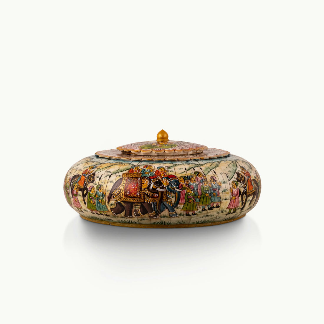 Wide painted camel bone caravan box showing a detailed royal procession scene with emerald and magenta accents.