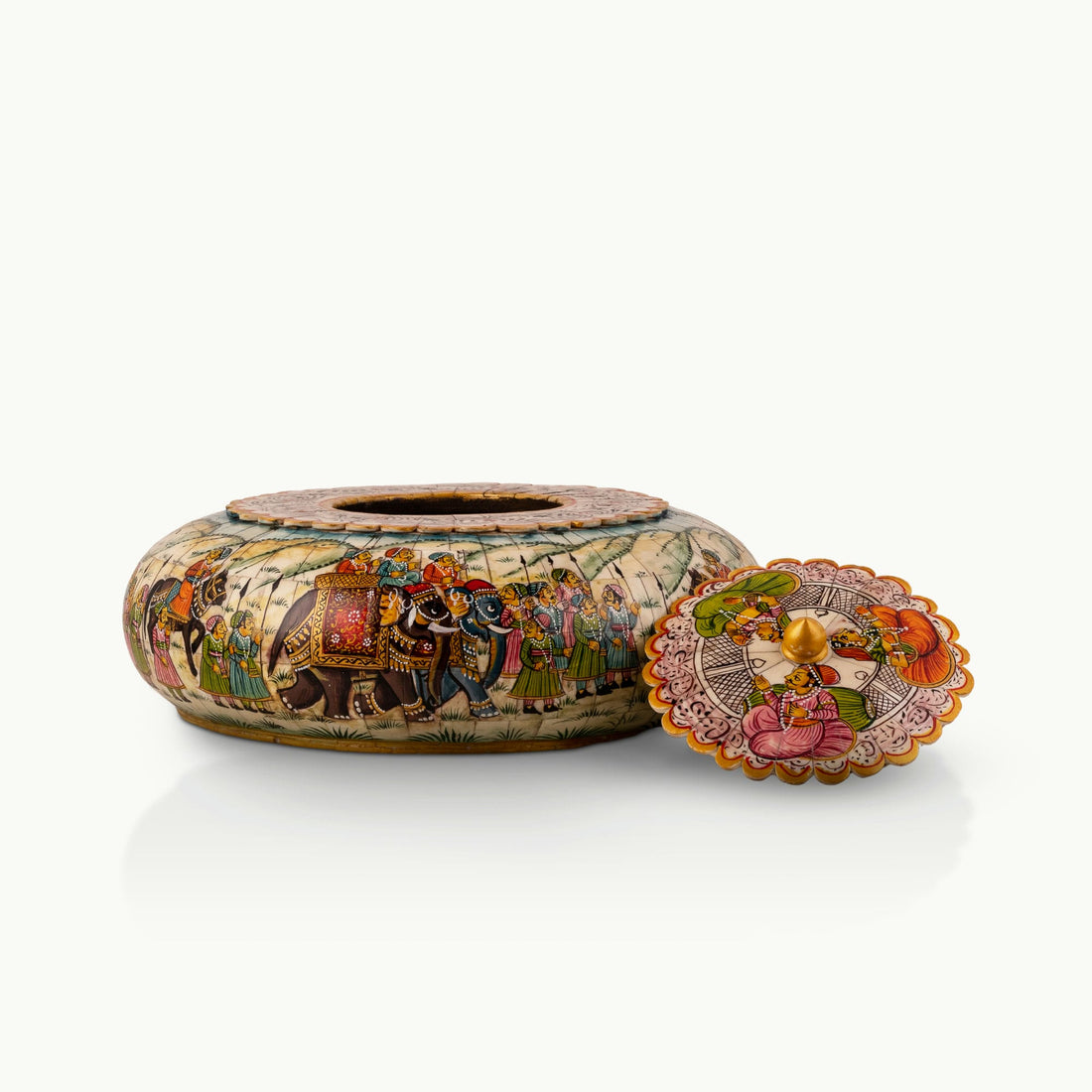 Wide painted camel bone caravan box showing a detailed royal procession scene with emerald and magenta accents.