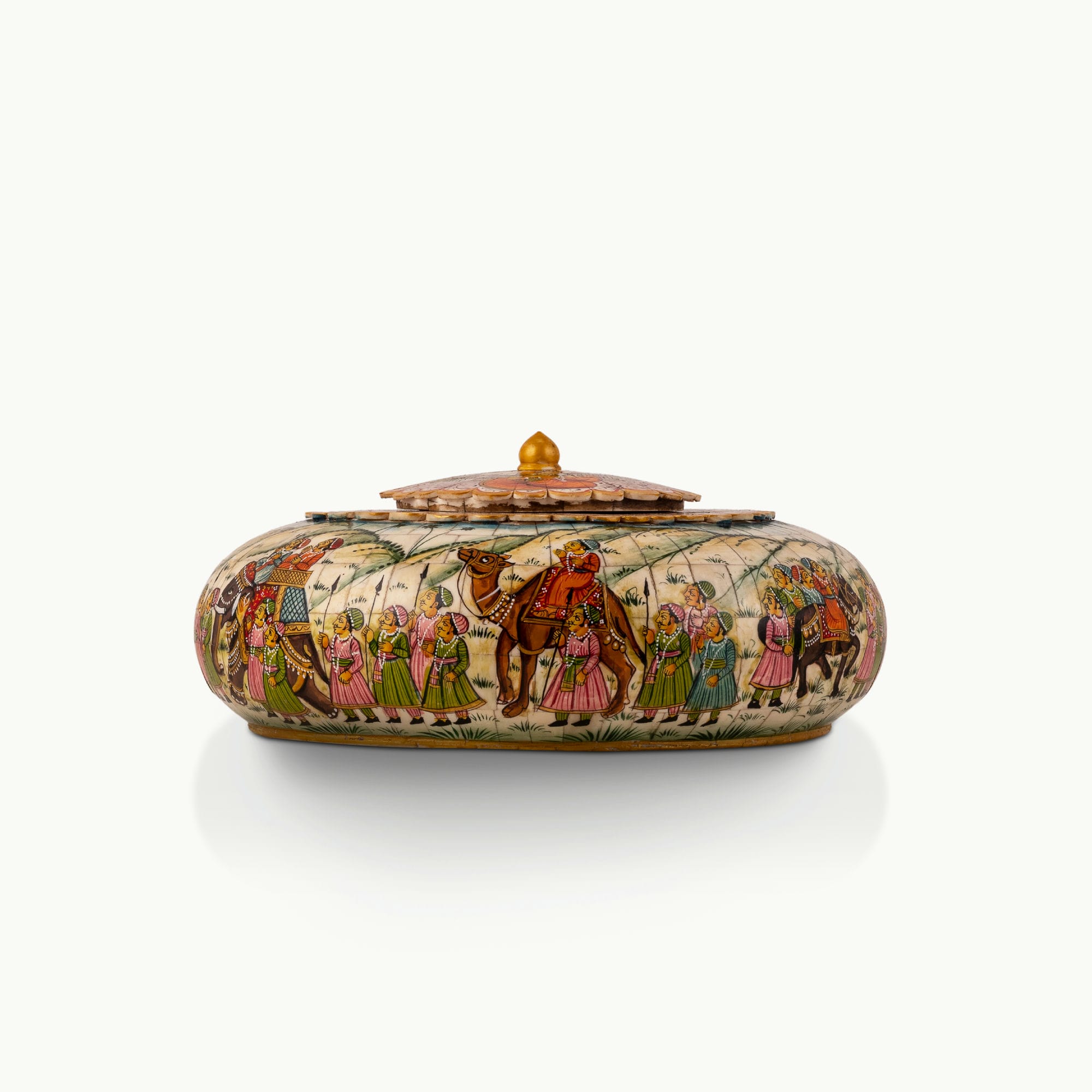 Wide painted camel bone caravan box showing a detailed royal procession scene with emerald and magenta accents.