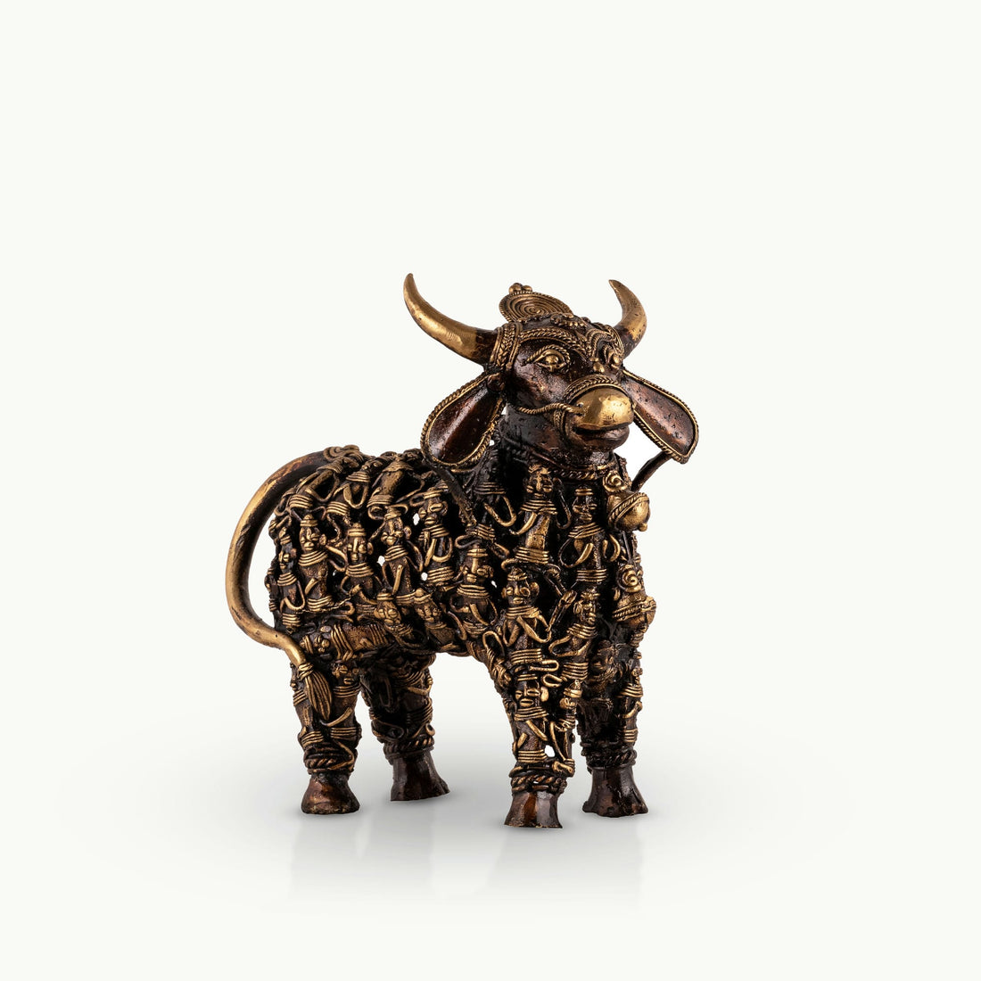 Dhokra Brass Bull Sculpture featuring an openwork matrix for an executive office credenza. 