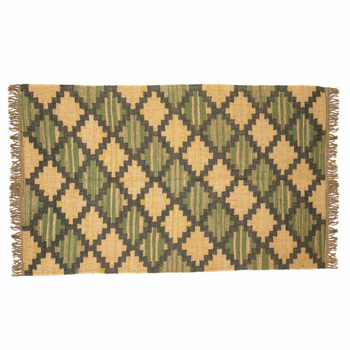 Olive geometric wool jute dhurrie in a dining room, showcasing an earthy Moroccan lattice design. 