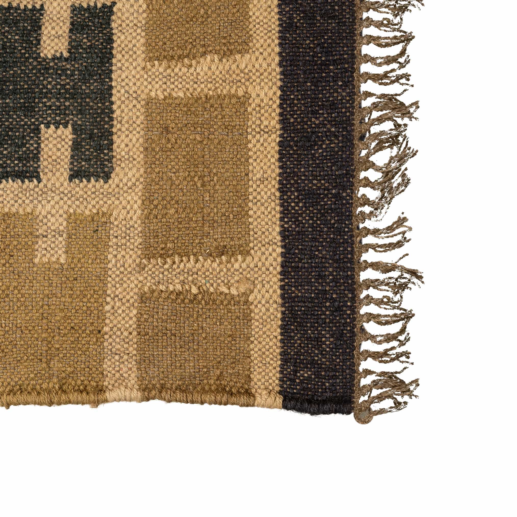 Handwoven Wool Jute Rug - Geometric H-Pattern Design with Natural Tassels