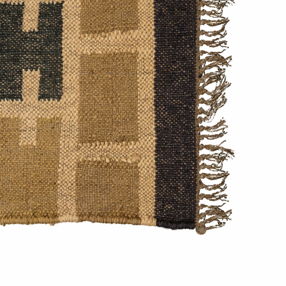 Handwoven Wool Jute Rug - Geometric H-Pattern Design with Natural Tassels