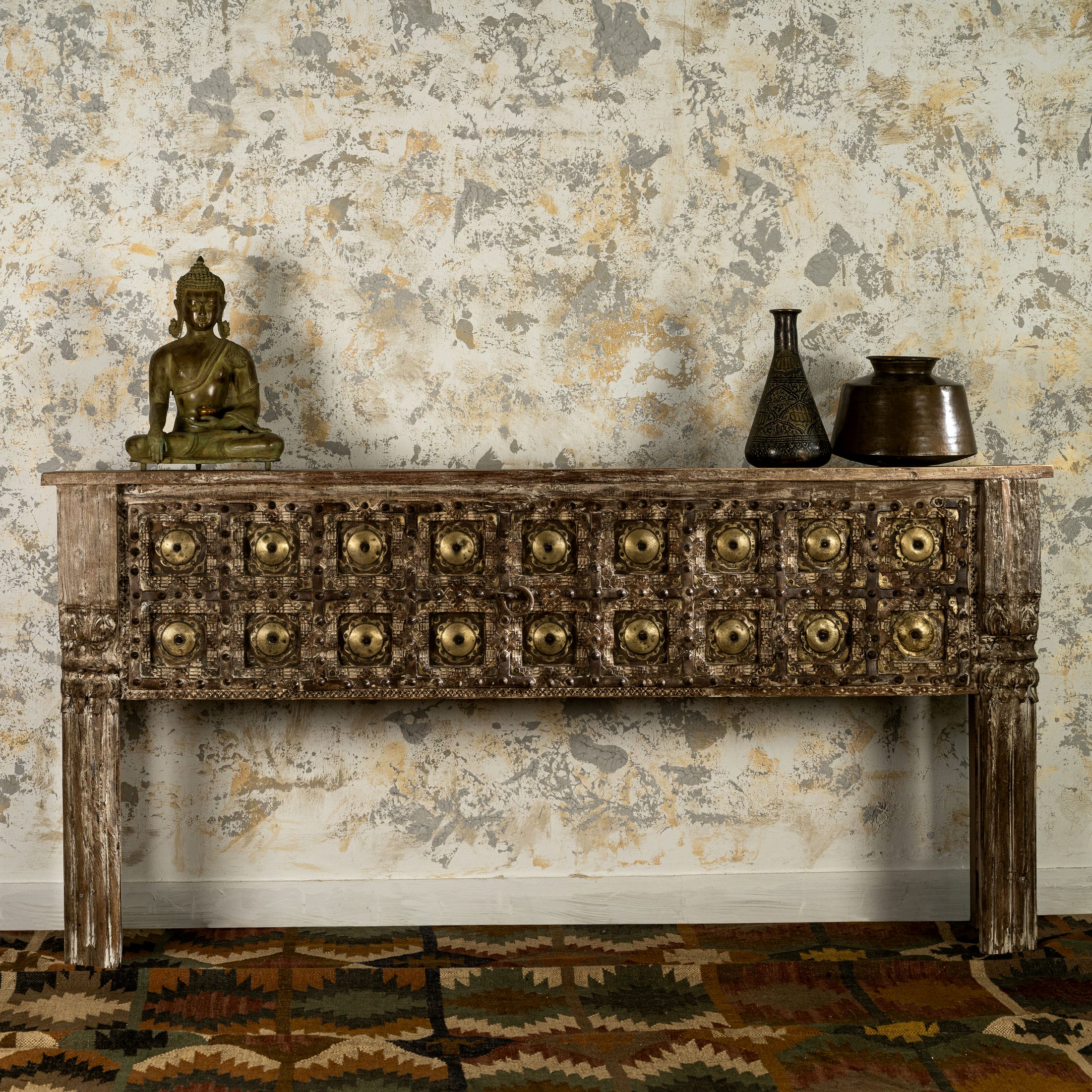 Distressed Wood Rustic Console with Brass Medallions