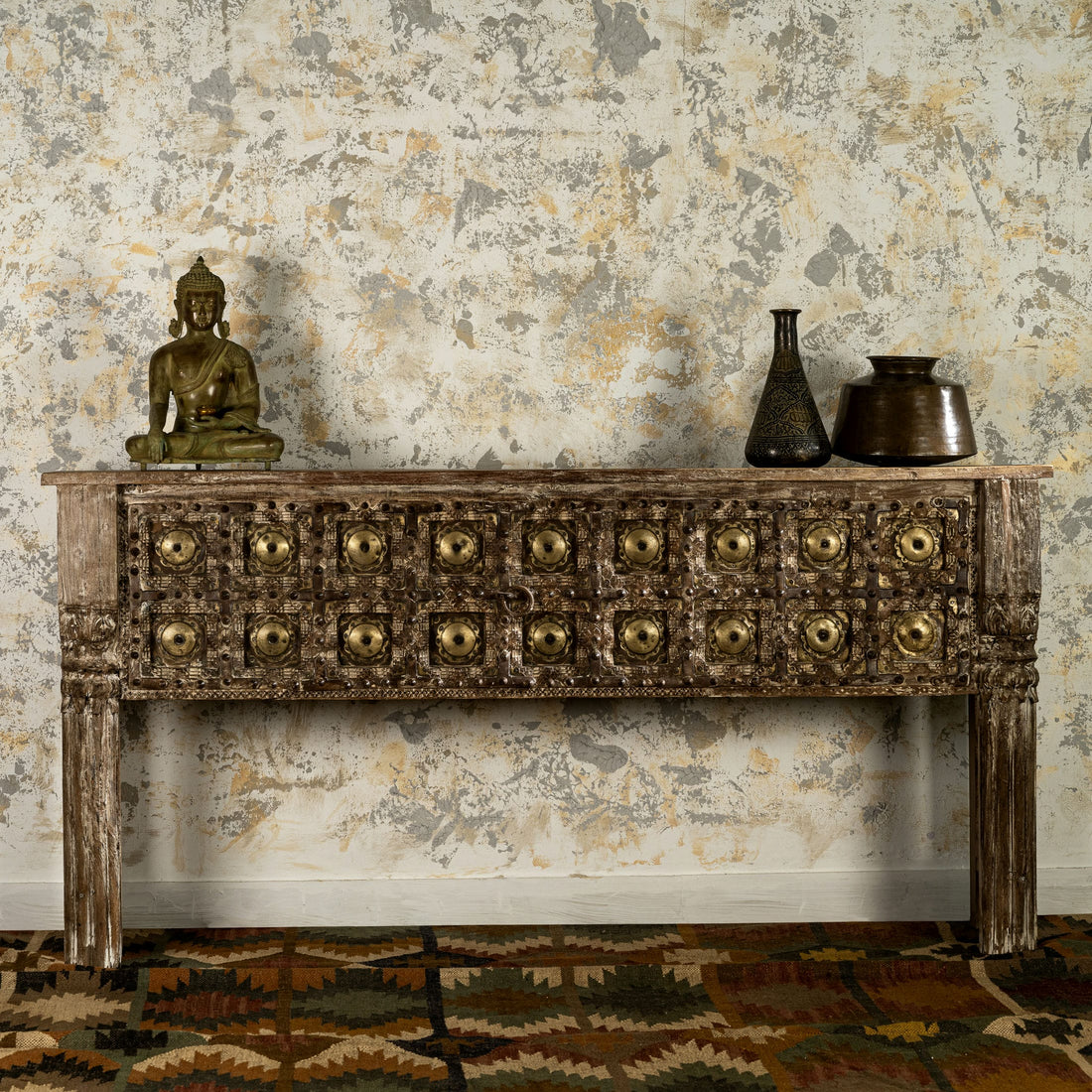 Distressed Wood Rustic Console with Brass Medallions