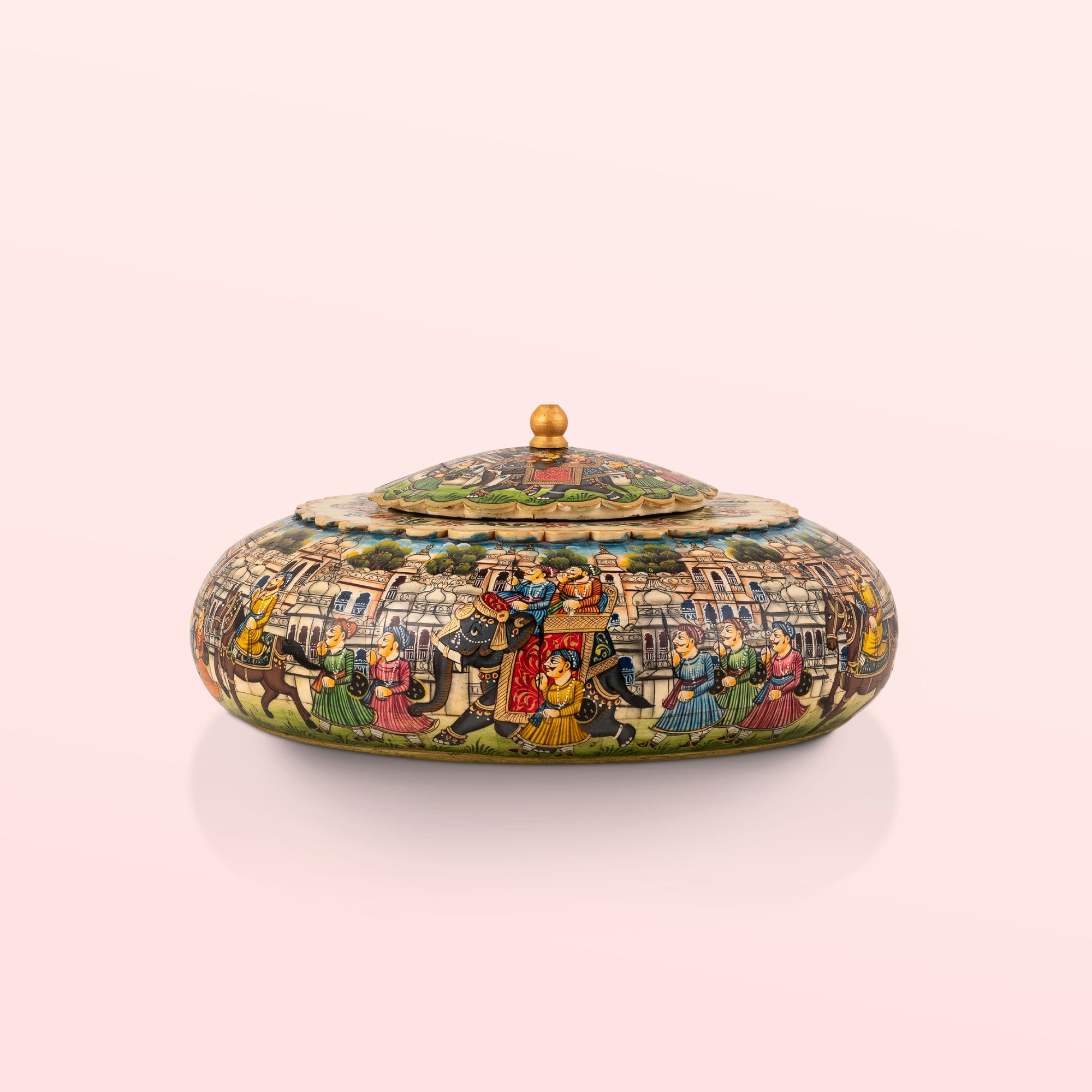 Painted domed camel bone box featuring a vivid royal procession scene against a sky-blue background.