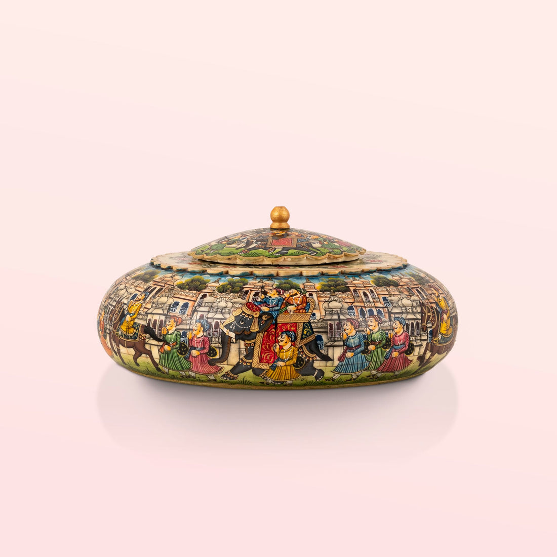 Painted domed camel bone box featuring a vivid royal procession scene against a sky-blue background.