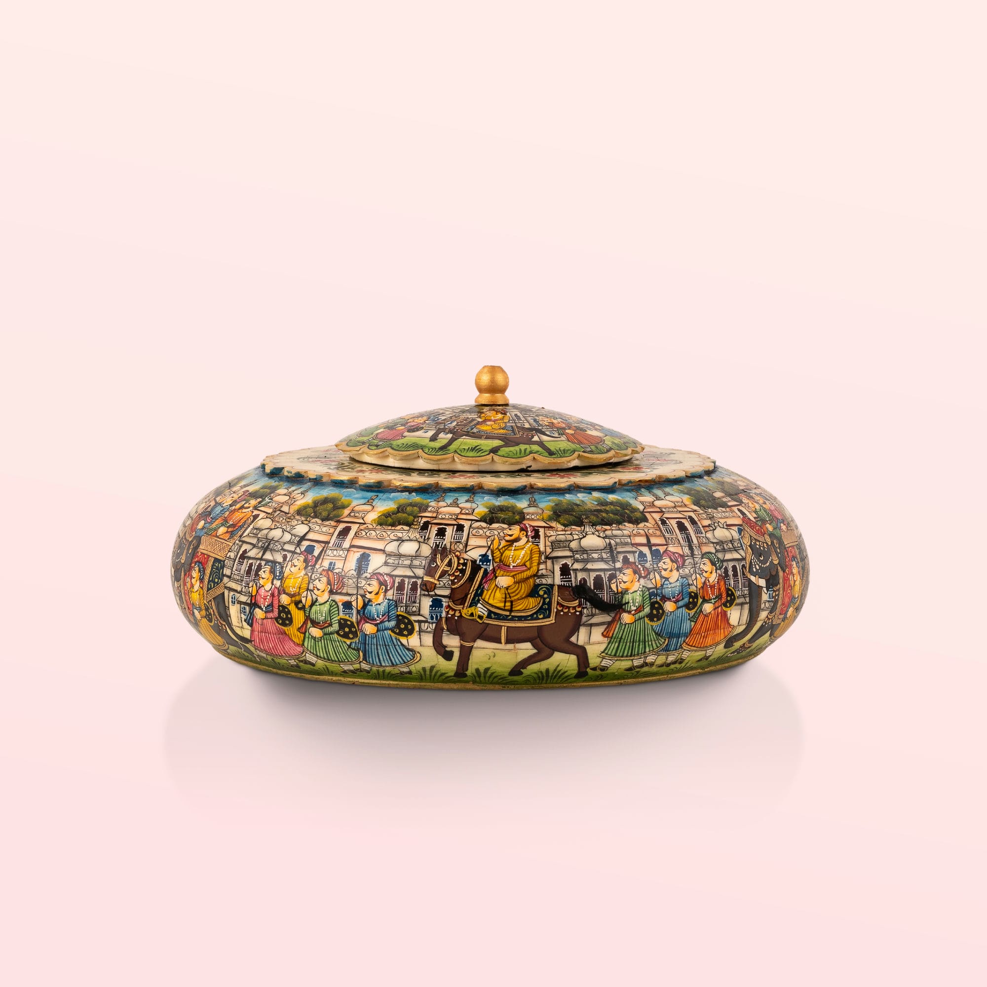 Painted domed camel bone box featuring a vivid royal procession scene against a sky-blue background.