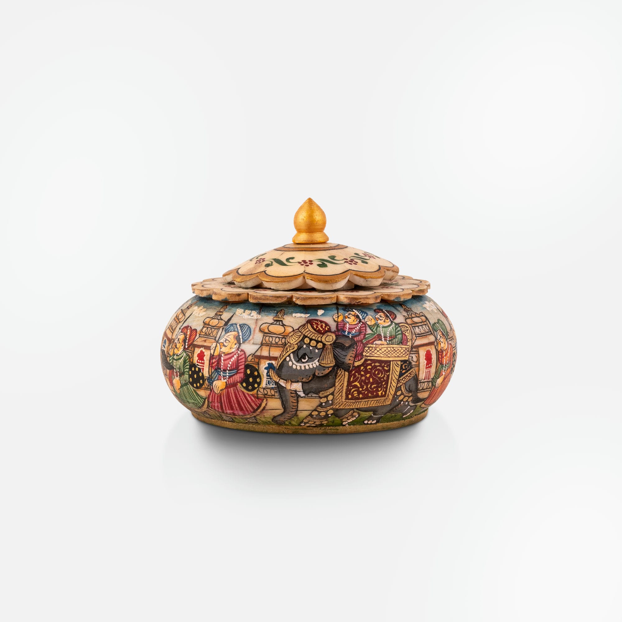 Hand-painted camel bone box illustrating a detailed Maharaja's march with layered palace architecture.