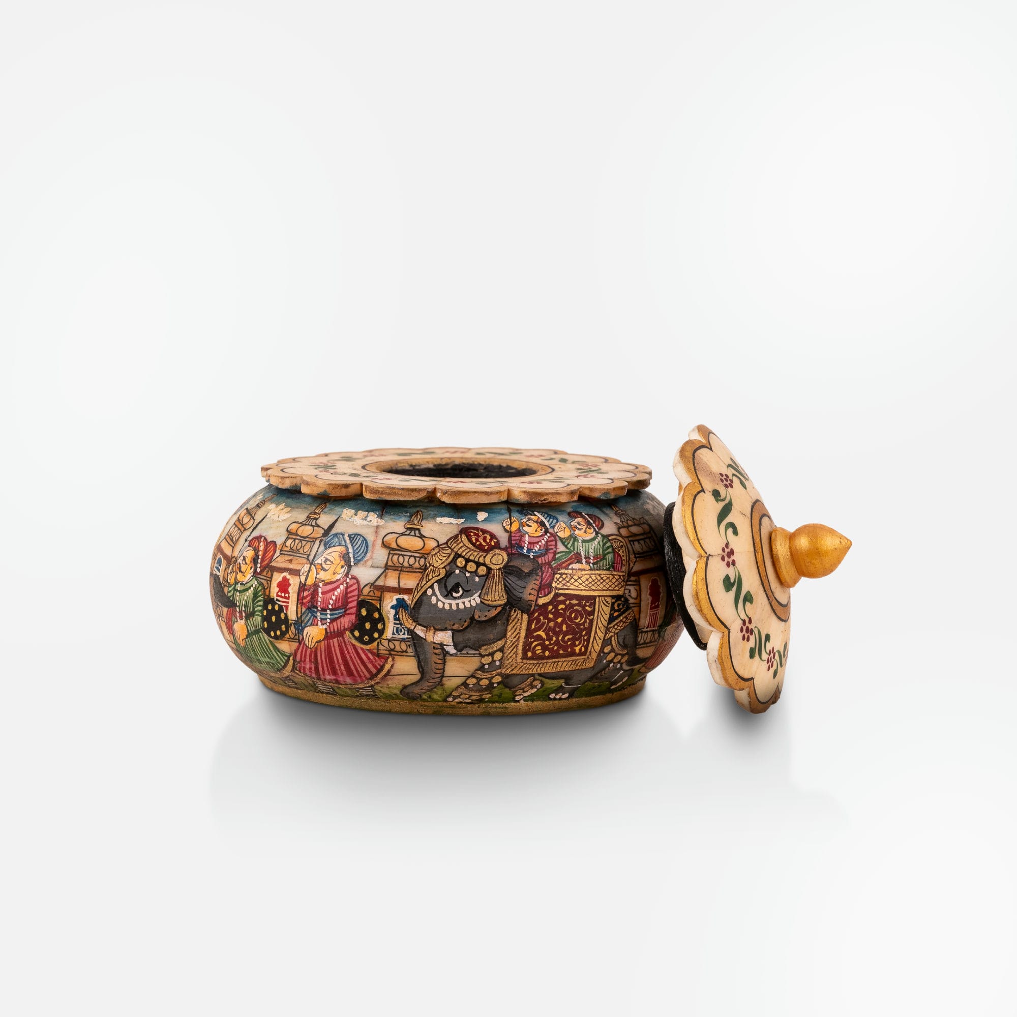 Miniature hand-painted bone art trinket box with elephant procession