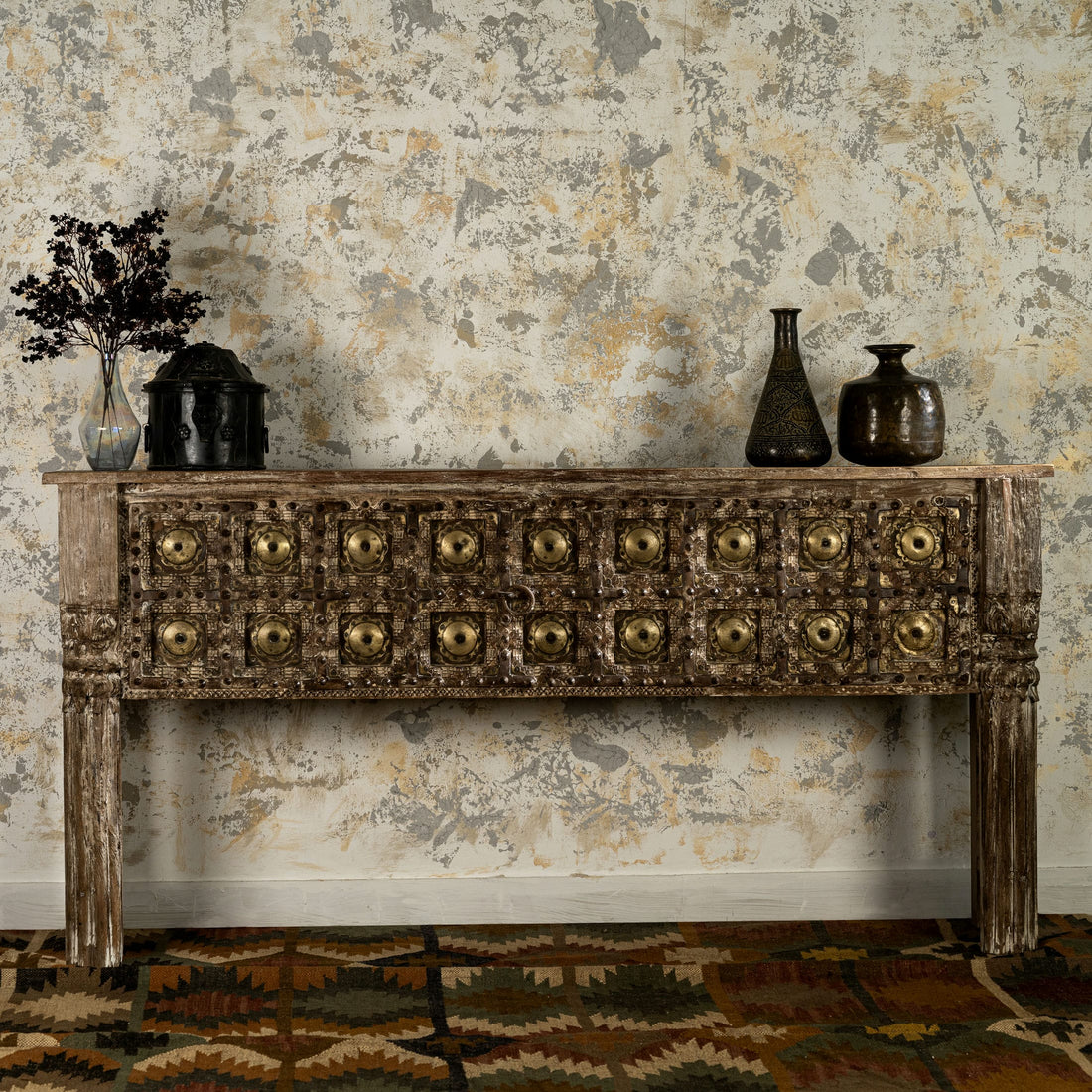 Distressed Wood Rustic Console with Brass Medallions