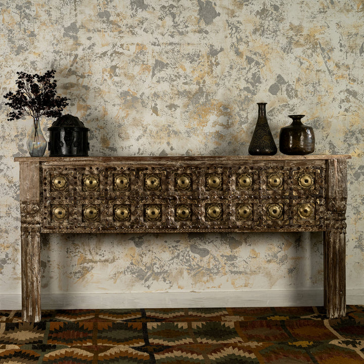 Distressed Wood Rustic Console with Brass Medallions